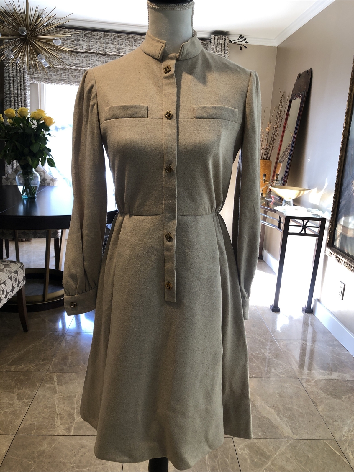Geoffrey Beene mid 60s oatmeal worsted wool shirtwaist dress logo “B” buttons S