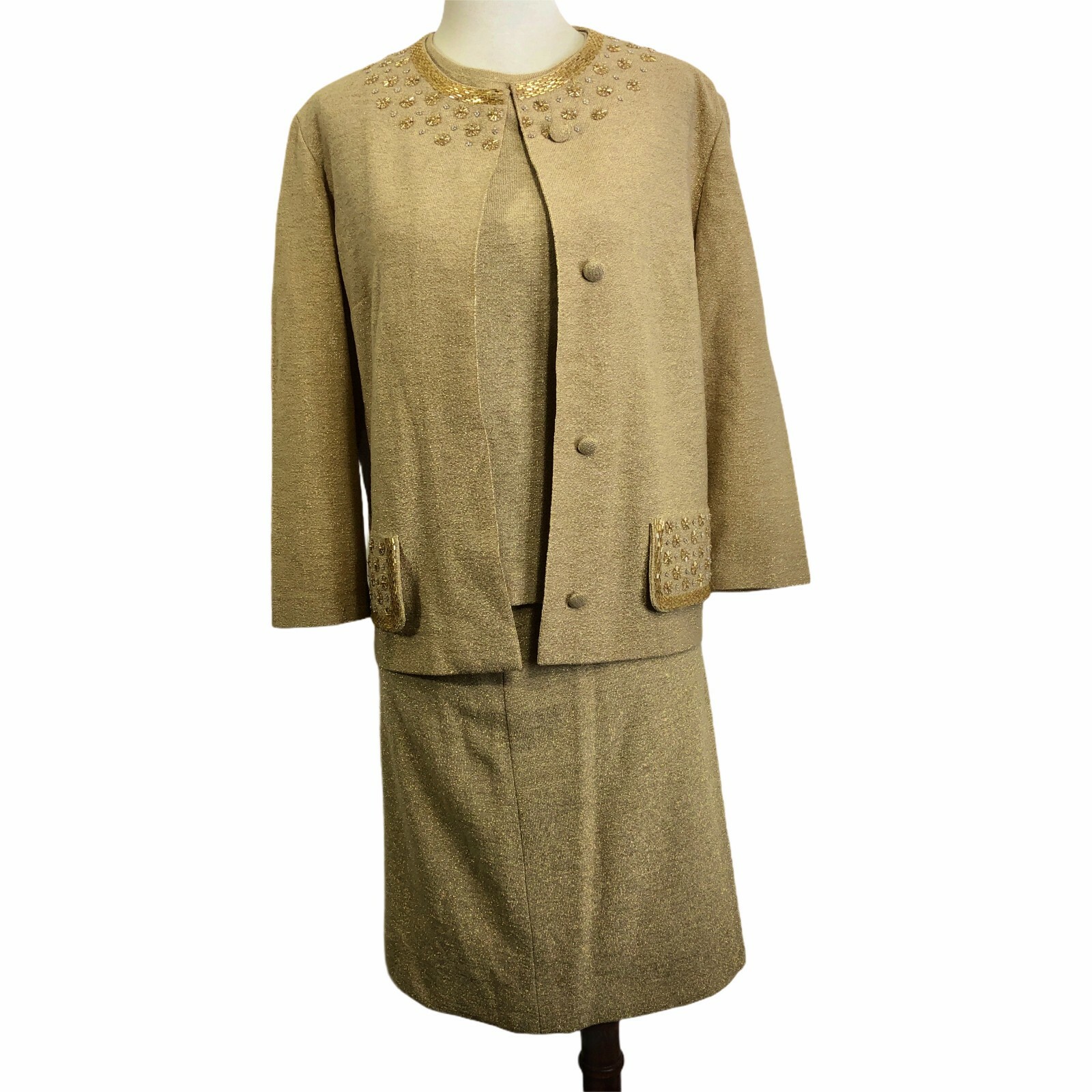 Alna Tricot de Luxe Wool Beaded 3 Pc Skirt Suit Italy Gold Beige Knit Womens 10