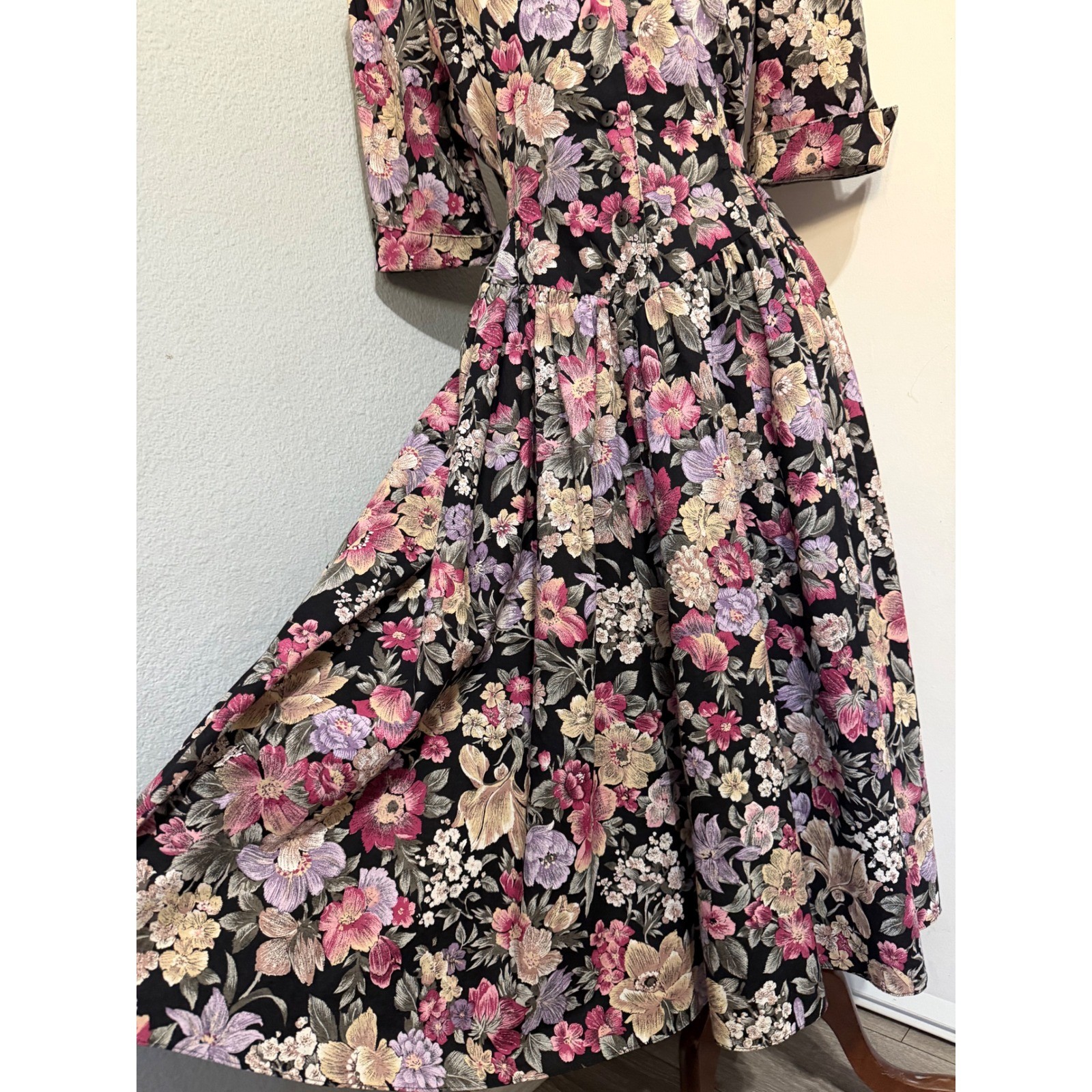 Miss Dorby Vintage 90s Floral Midi Dress L Black Purple Button Front USA Made