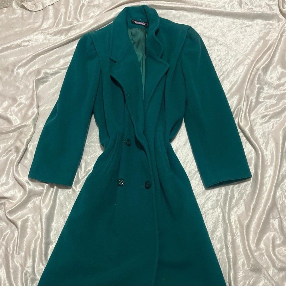 Vintage 80s Fashion Wellington Teal Trench Coat size Large Preppy Retro Classic