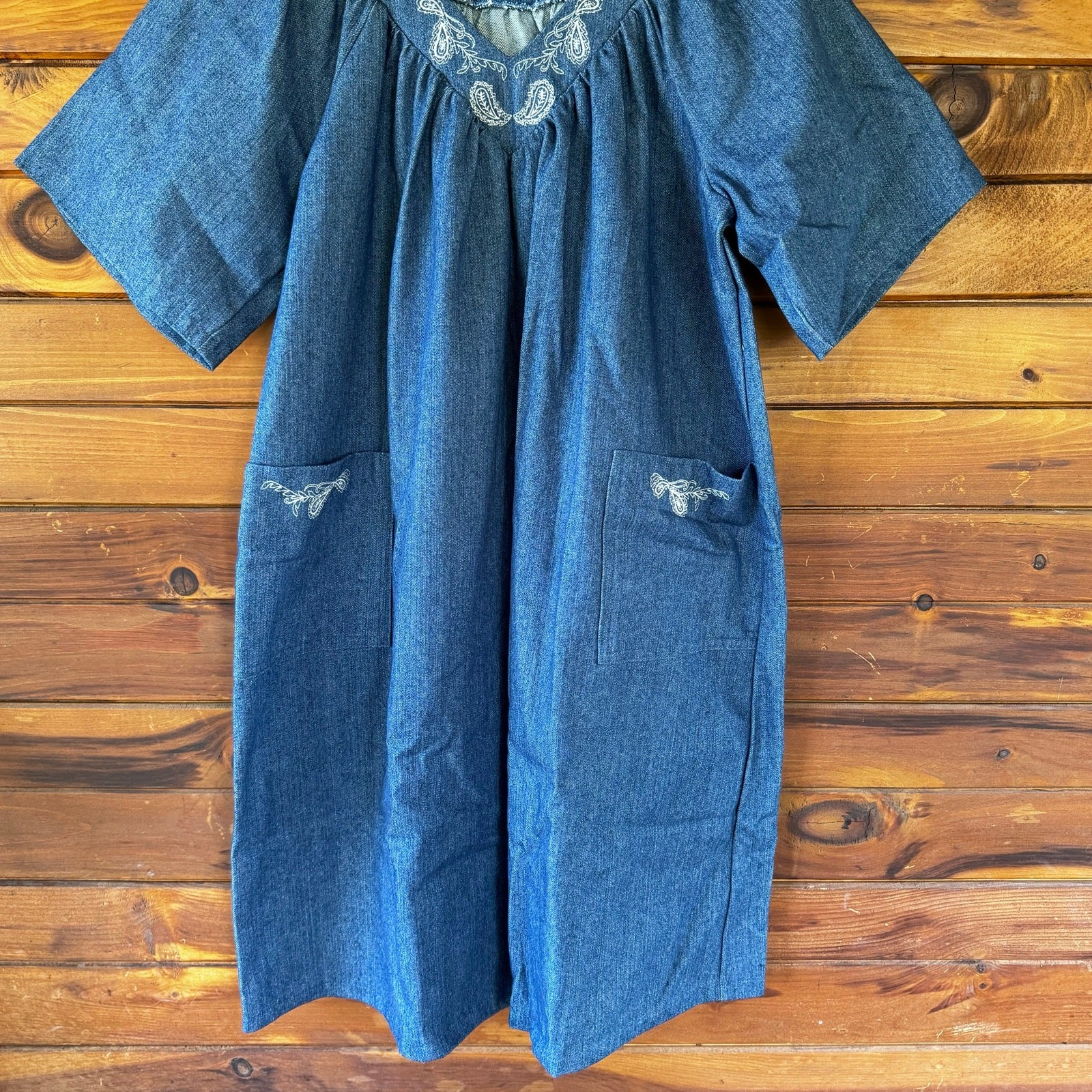 VTG Handmade Cotton Denim Caftan Smock Mumu House Dress Size Small