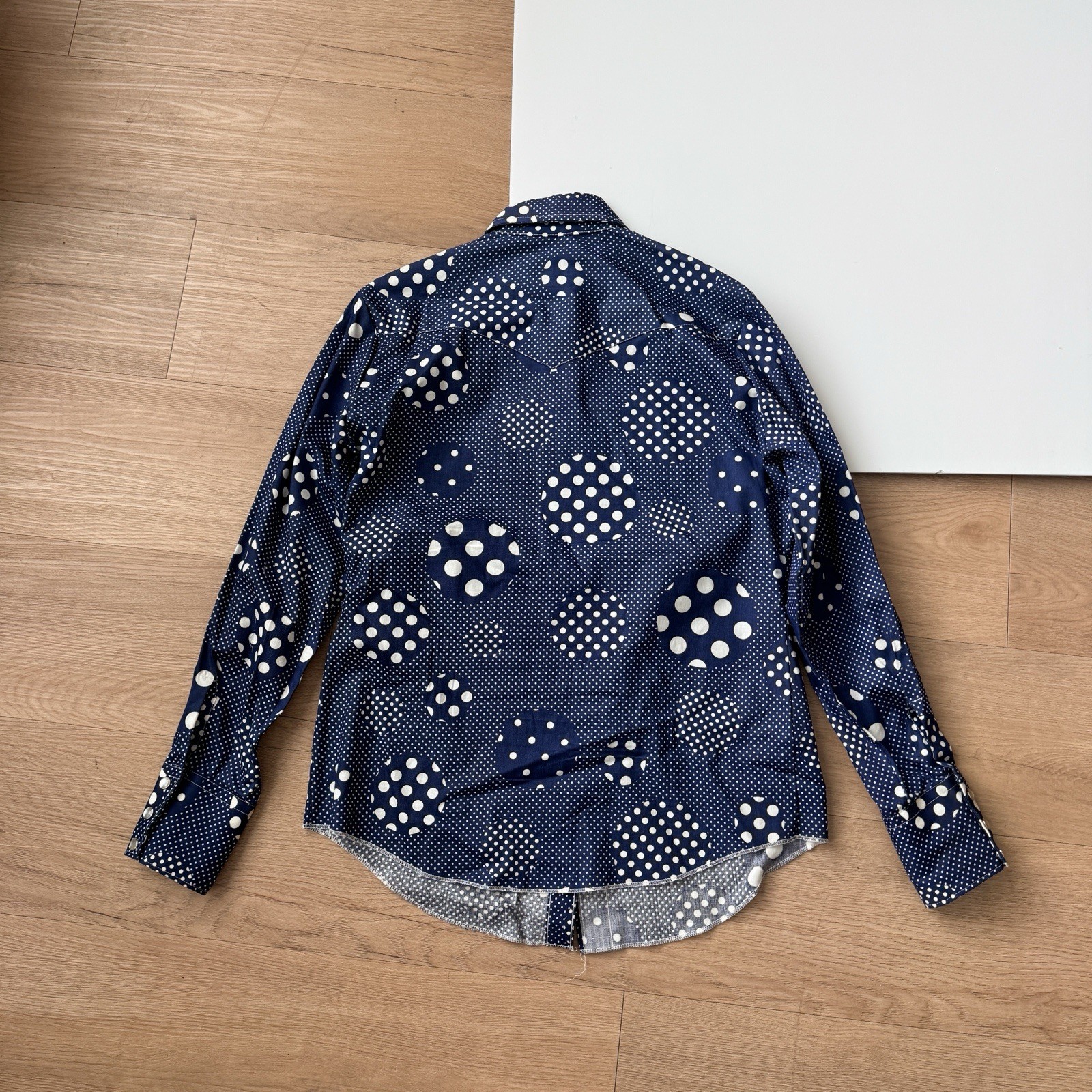Vintage H Bar C California Ranchwear Navy Polka Dot Western Pearl Snap Small