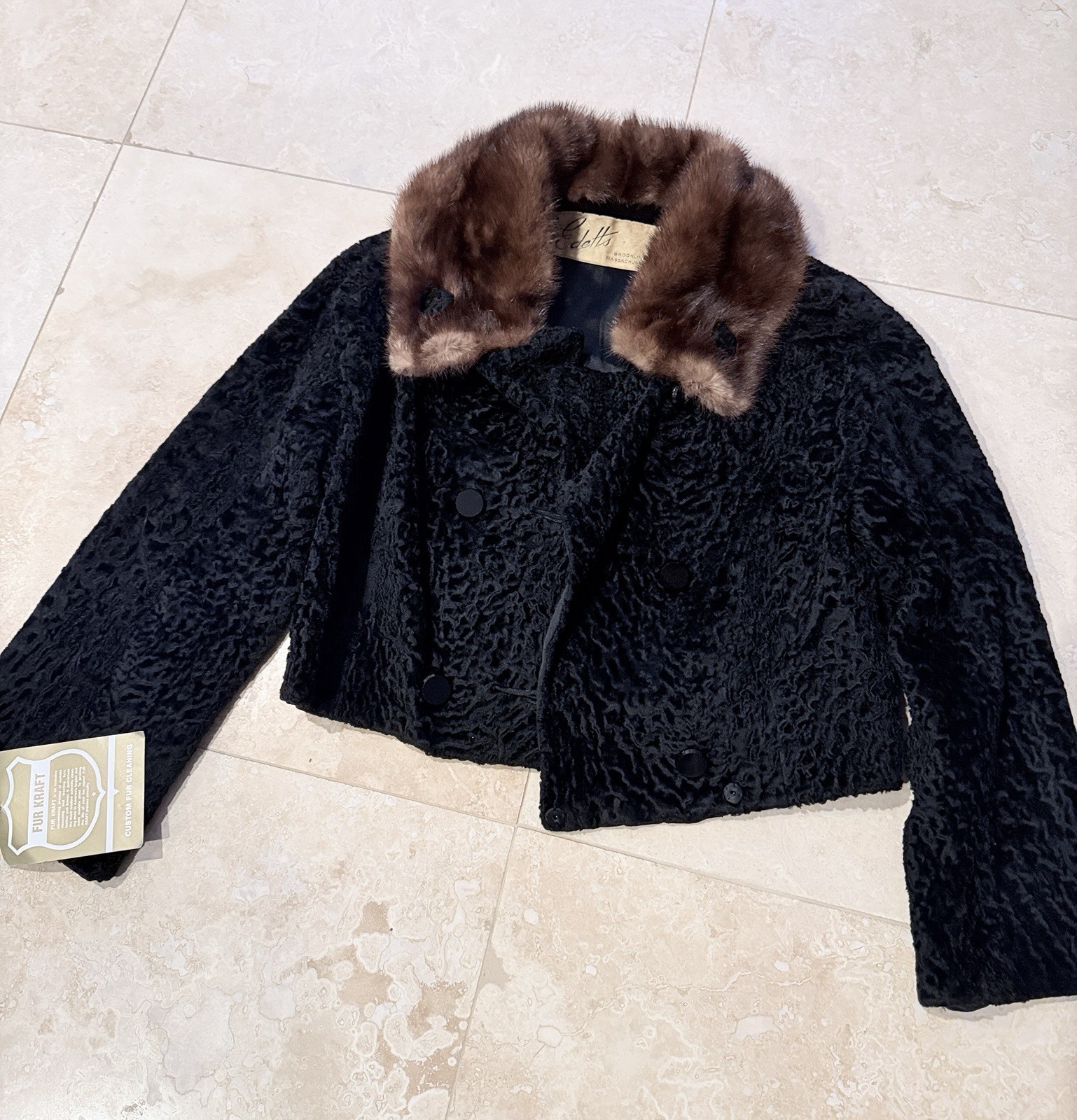 Vtg 1950s Edetts Persian Lamb Fur Coat Jacket Black Curly Mink Collar Double