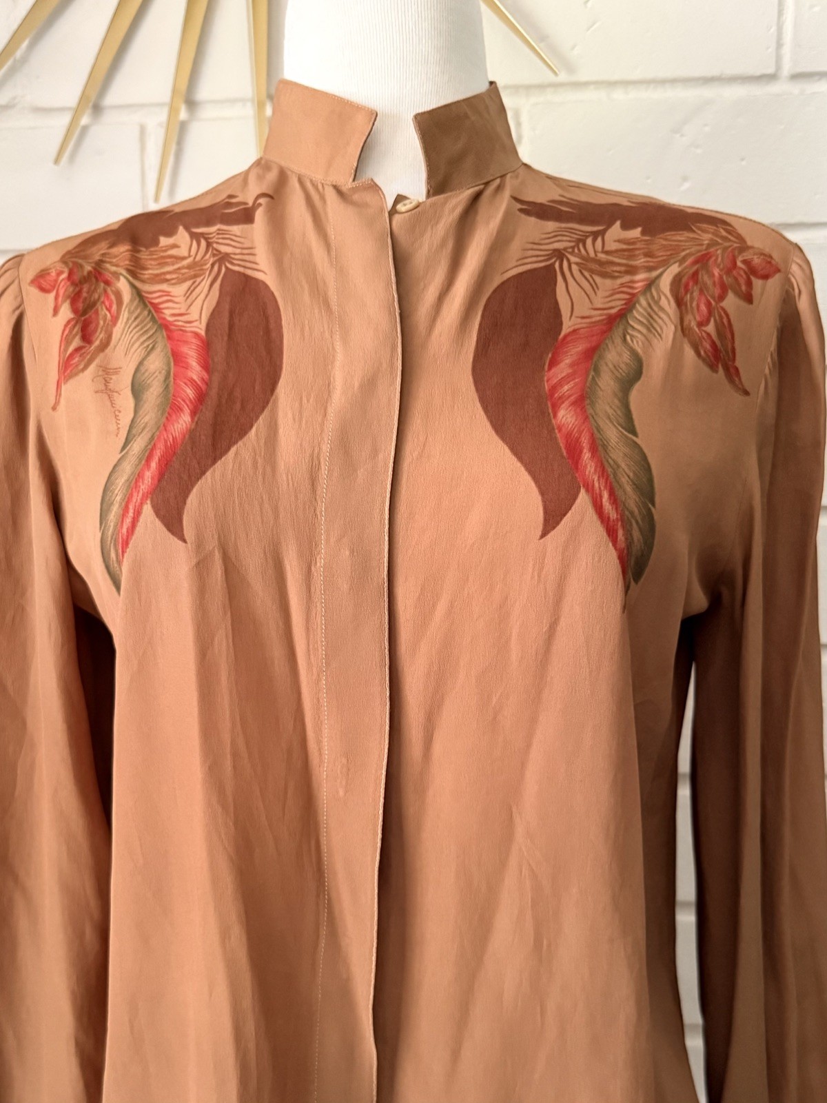 Vtg Mario Pucci Cecconi Italy Blouse Feathers Long Sleeve Brown Button Top Shirt