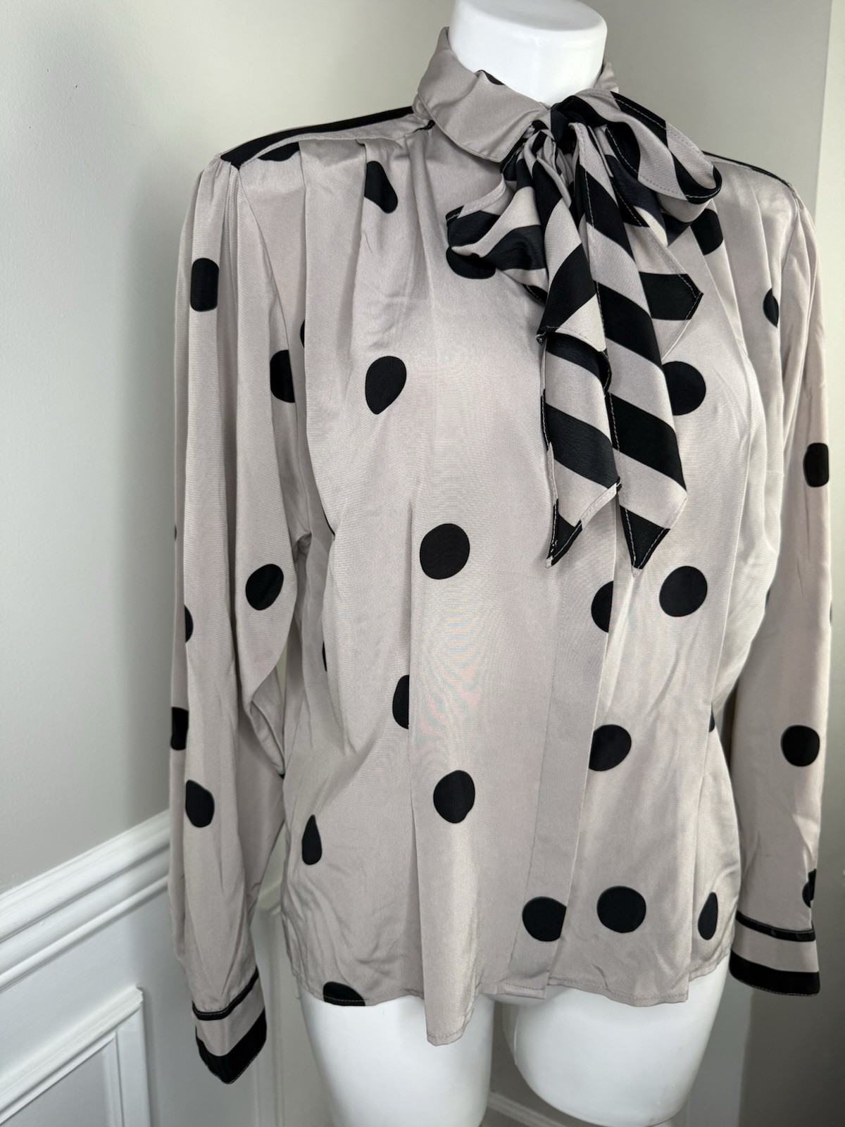 Vintage Stuart Lang Flowy Button Down Blouse Polka Dot Detachable Scarf Sz 12 L