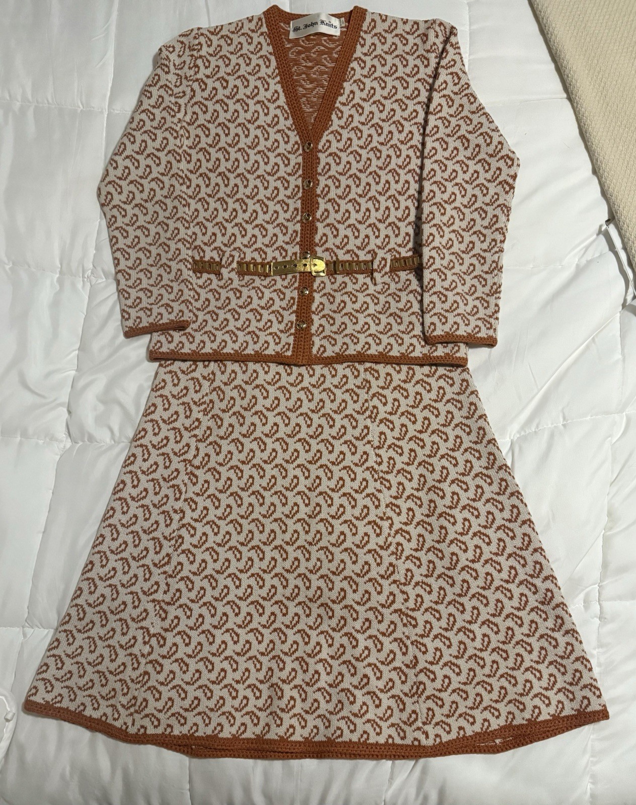 VTG St. John Knits Orange & Cream Suit 2/Belted Cardigan Sz M/L 1960s70s