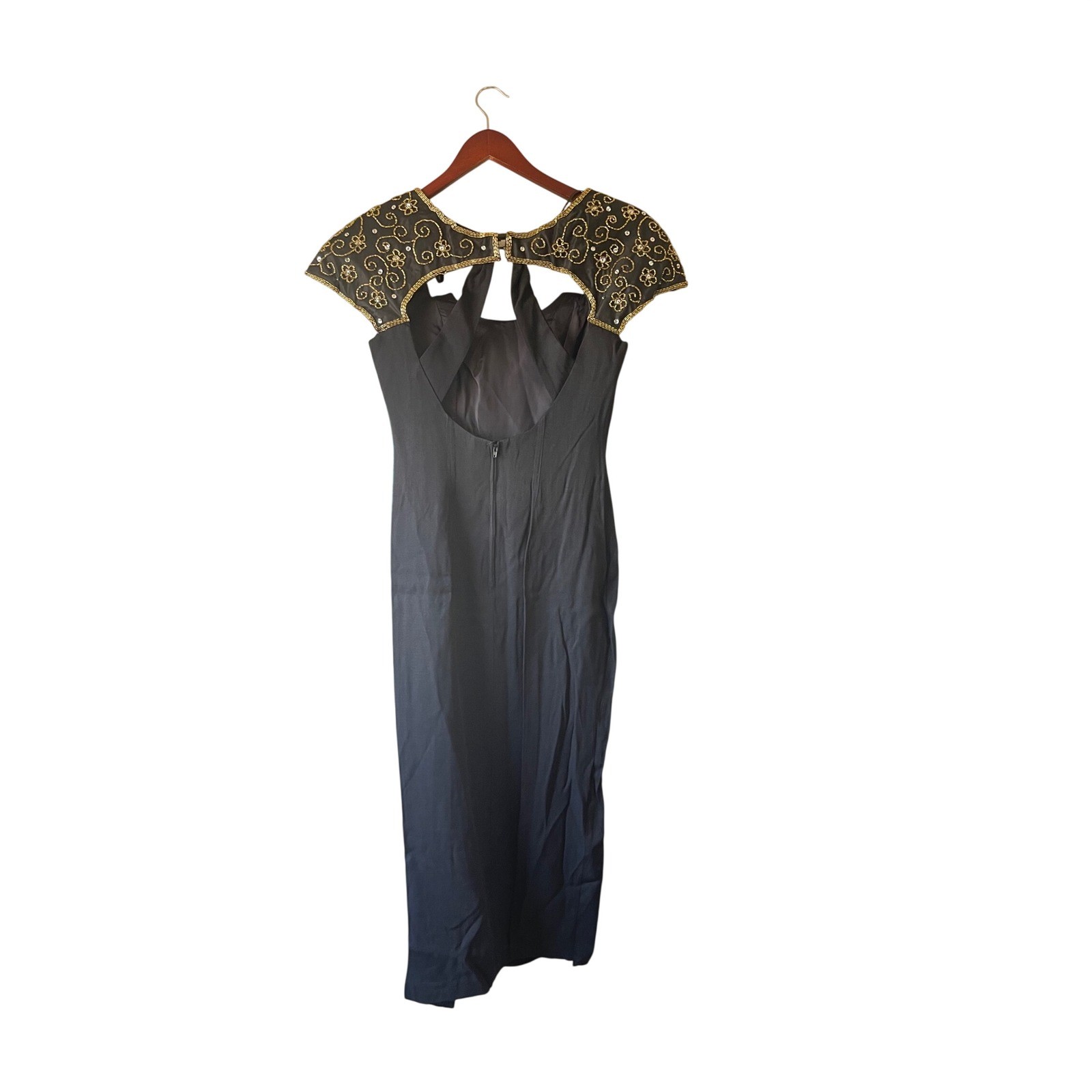 NWT Vintage 90s Black Beaded Gold Sequin Evening Gown Size 4