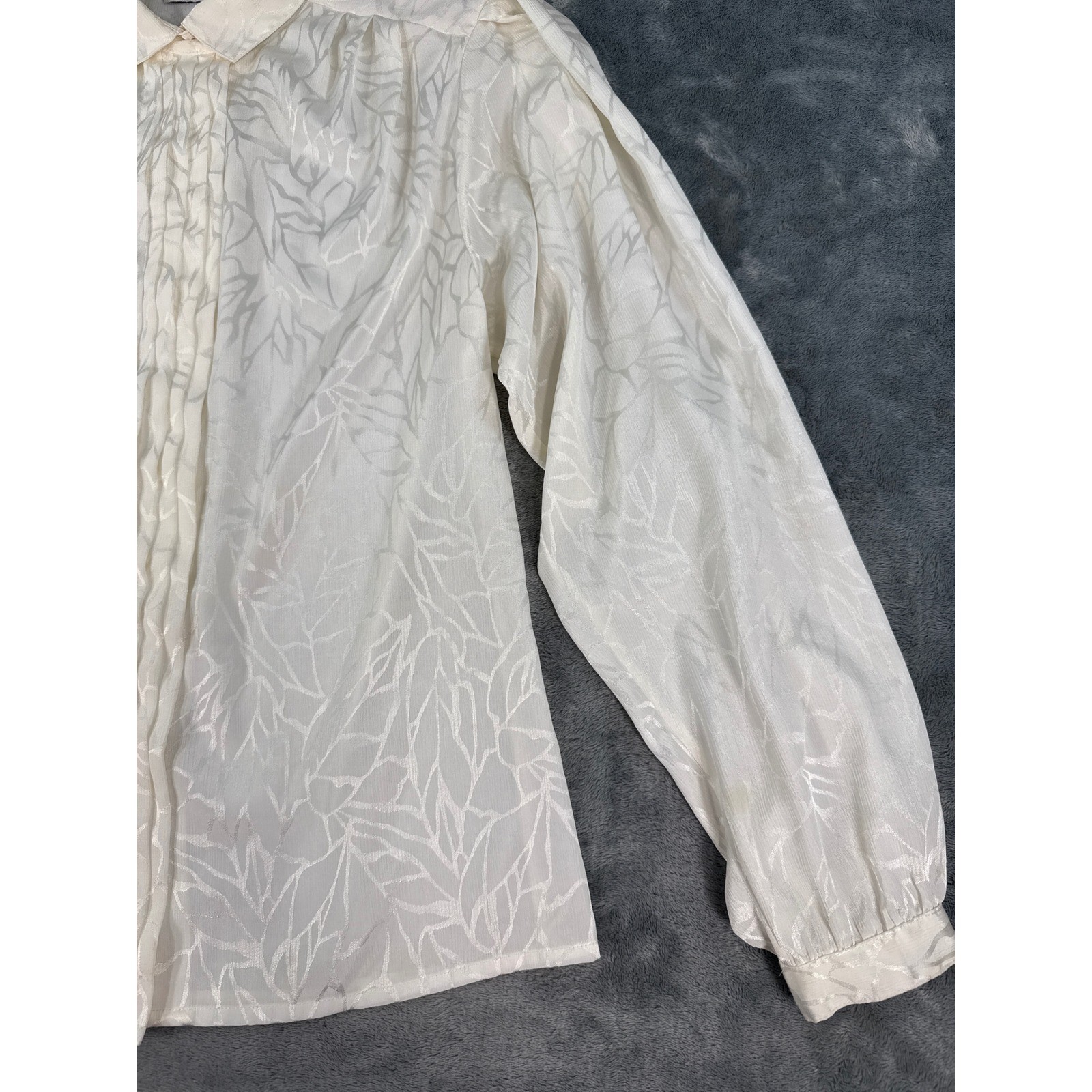 Vtg 80s Ascot Collection Lady Arrow White Leaf Jacquard Blouse Sz 10 Long Sleeve