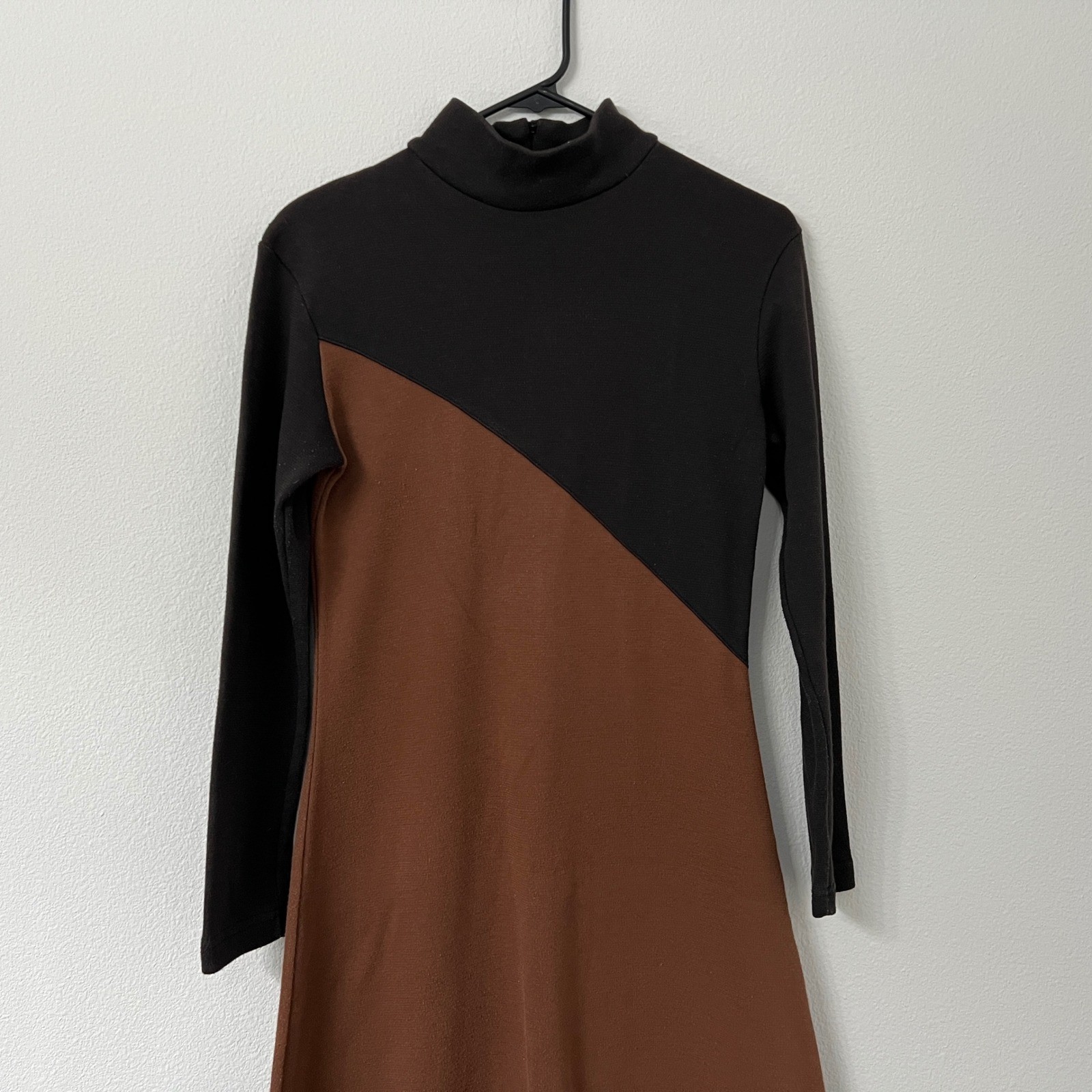 Vintage 90s Stylework Brown Black Colorblock Midi Dress Mock Neck Mod Minimalist