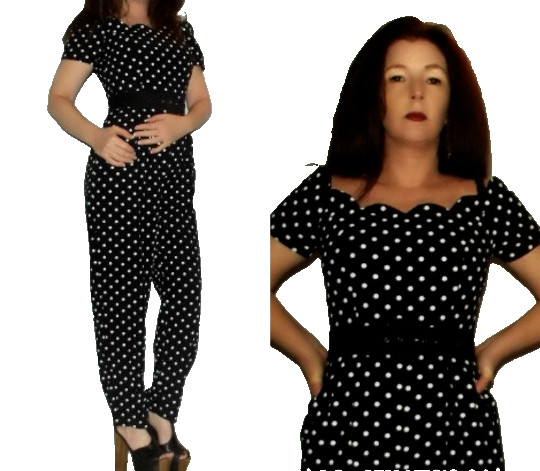 XS S Vtg 80s Ashlee Polka Dot Scalloped Off Shoulder Jumpsuit Romper Pantsuit Ca
