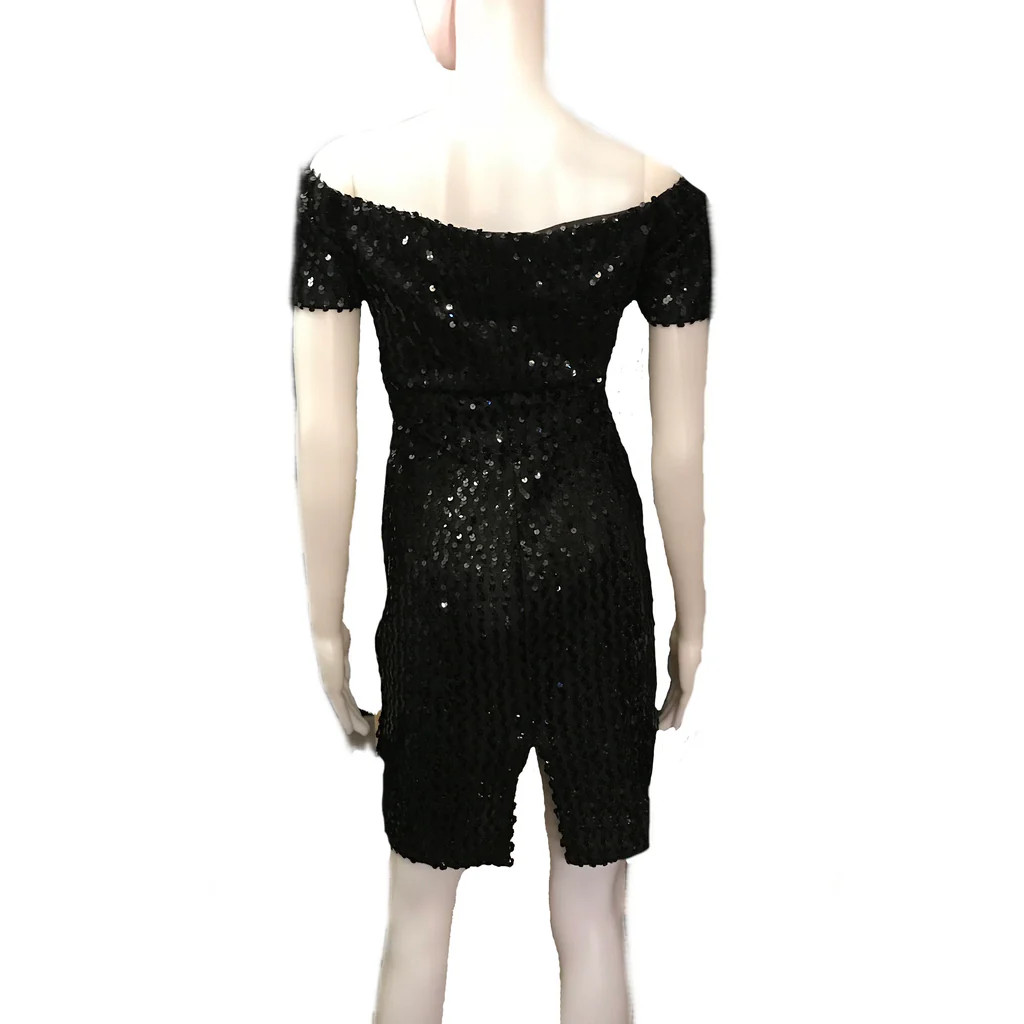 Vintage 80s Glenrob Black Sequin Off Shoulder Convertible Cocktail Dress Women’s
