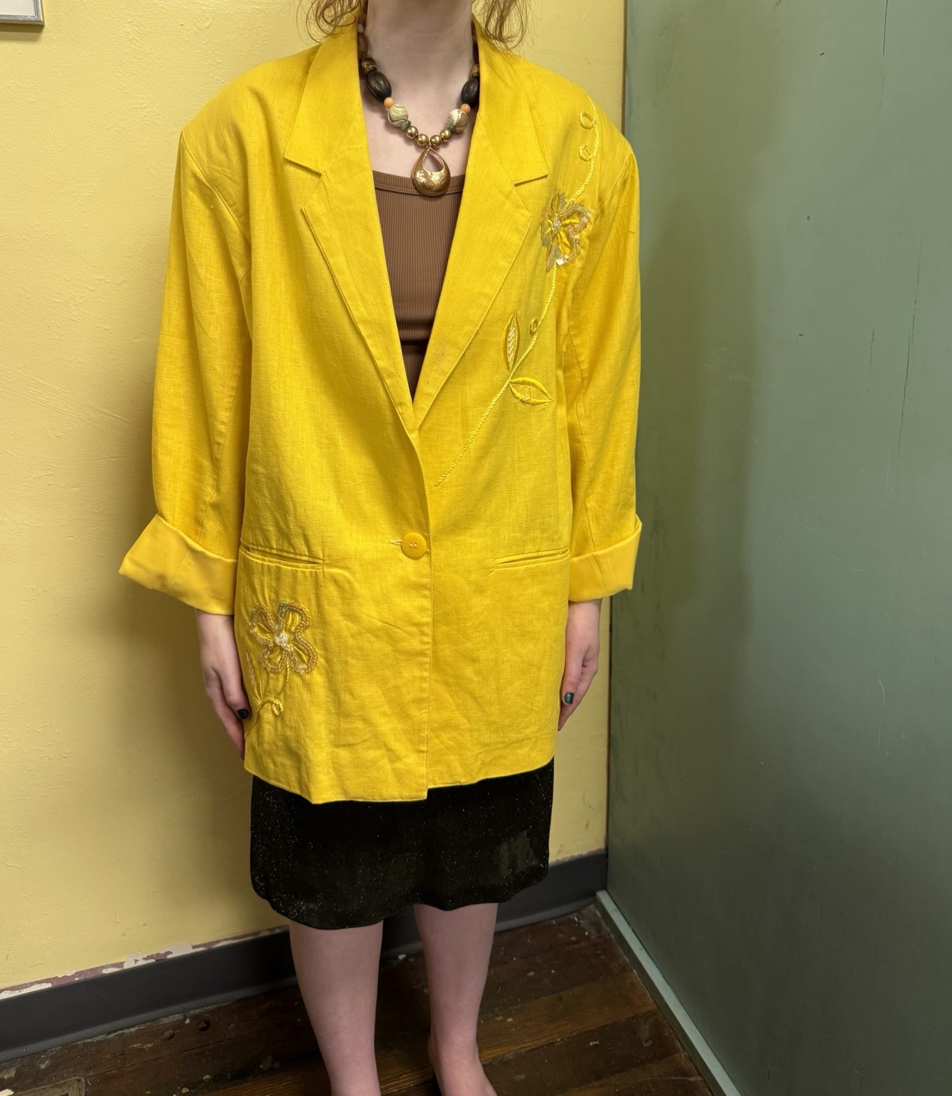 Vintage 80s/90s Adolfo International Yellow Linen Blend Sequin & Beaded Blazer M
