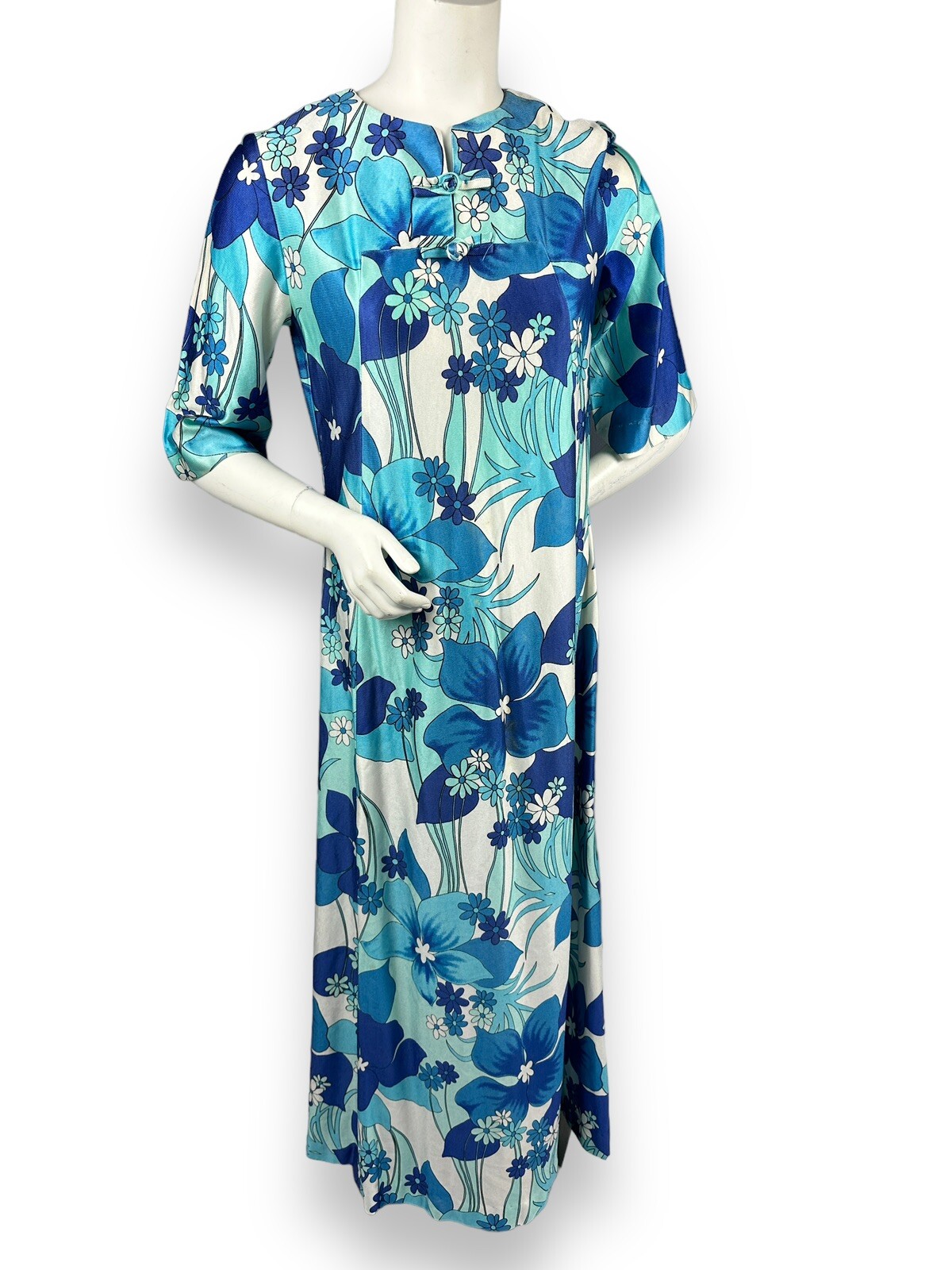 Vtg Hawaiian Surf By Pacific Blue Asian-Inspired Maxi Dress Hawaii Tiki 35” Bust