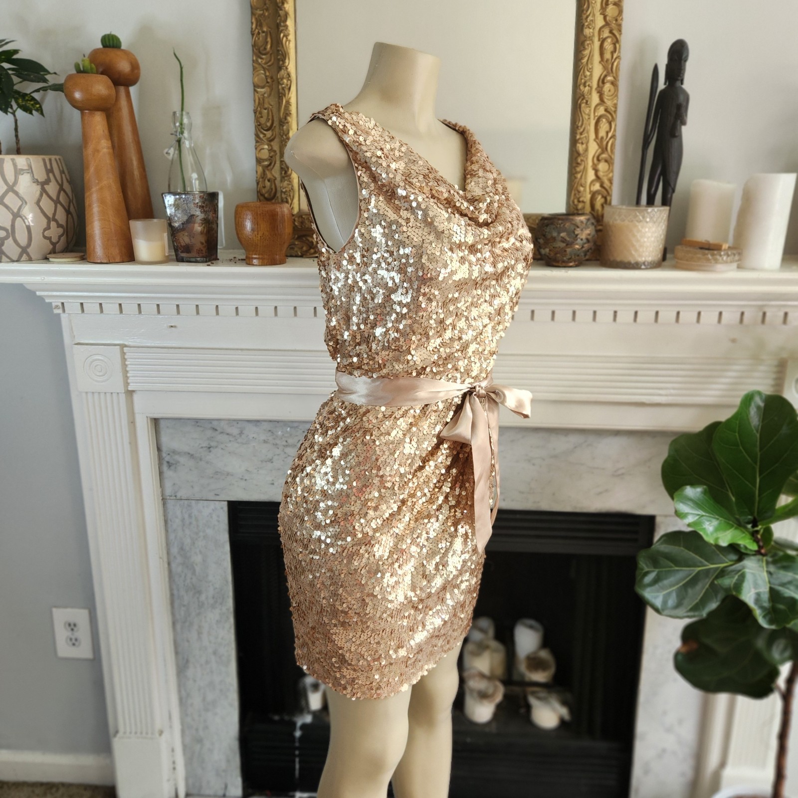 Vintage 90s Cache Gold Sequin Mini Dress Sz 4 Y2K Party Cowl Stretch Party Glam
