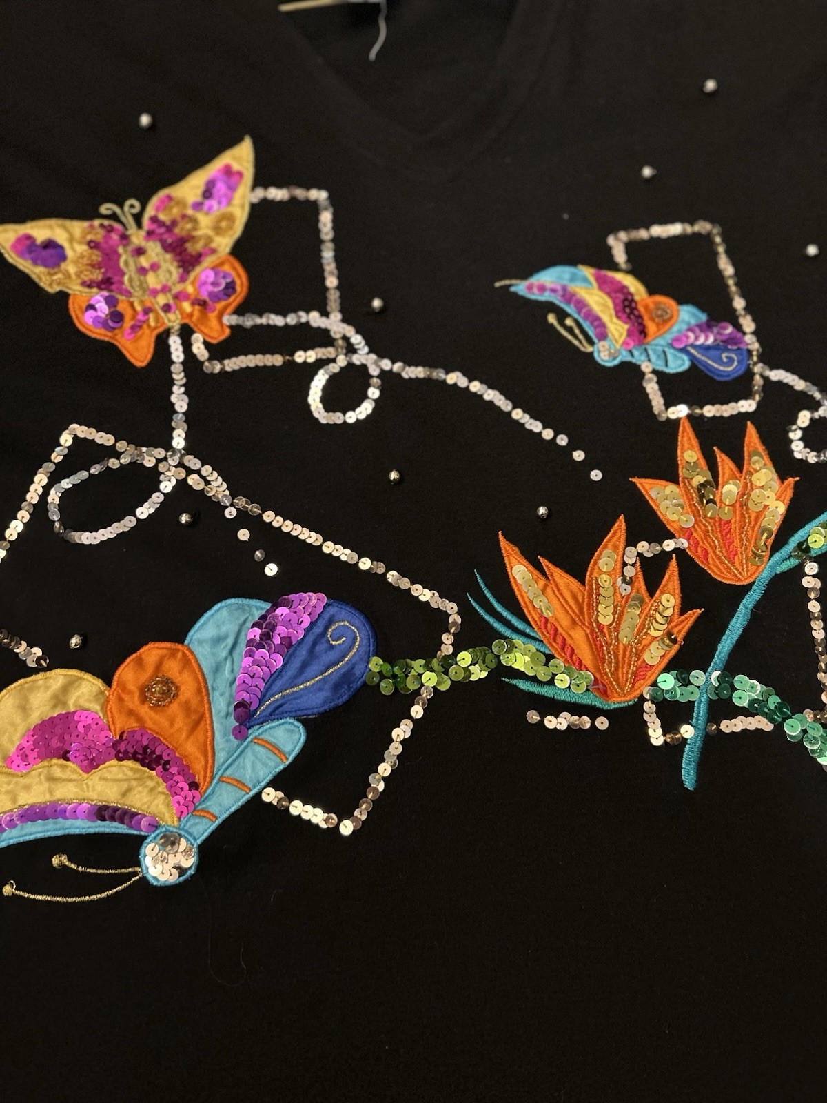 Vtg Victoria Harbour Butterfly Embellished Sequence Beaded Shirt Large Black
