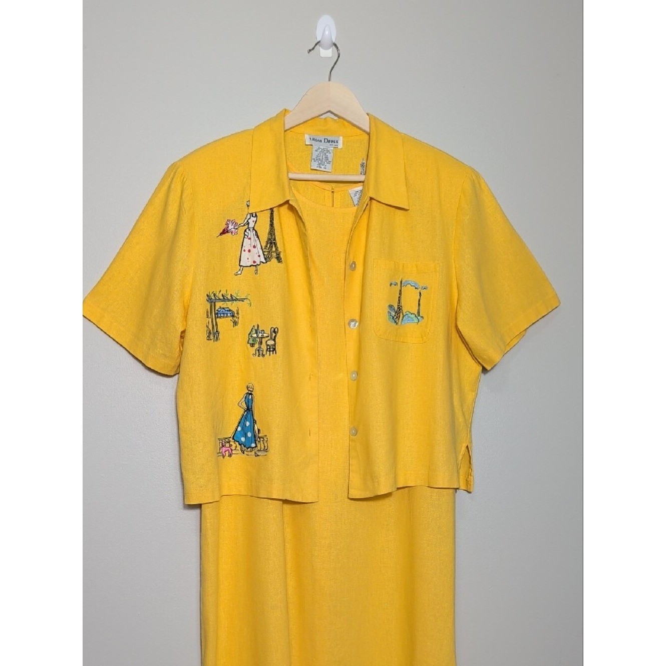 Vtg 90s Yellow Linen Two Piece Maxi Dress Set Paris Embroidery Euro Summer XL
