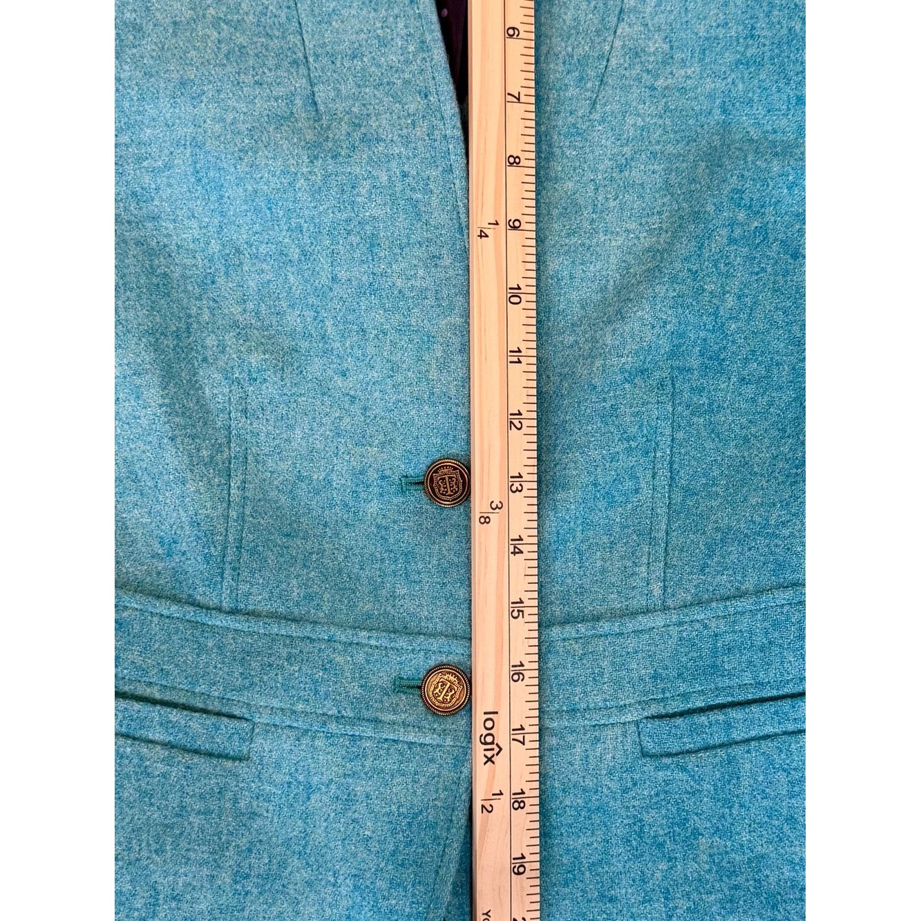 Vintage 90s Y2K Talbots Womens 2 Turquoise Blue Wool Tweed Crest Button Jacket