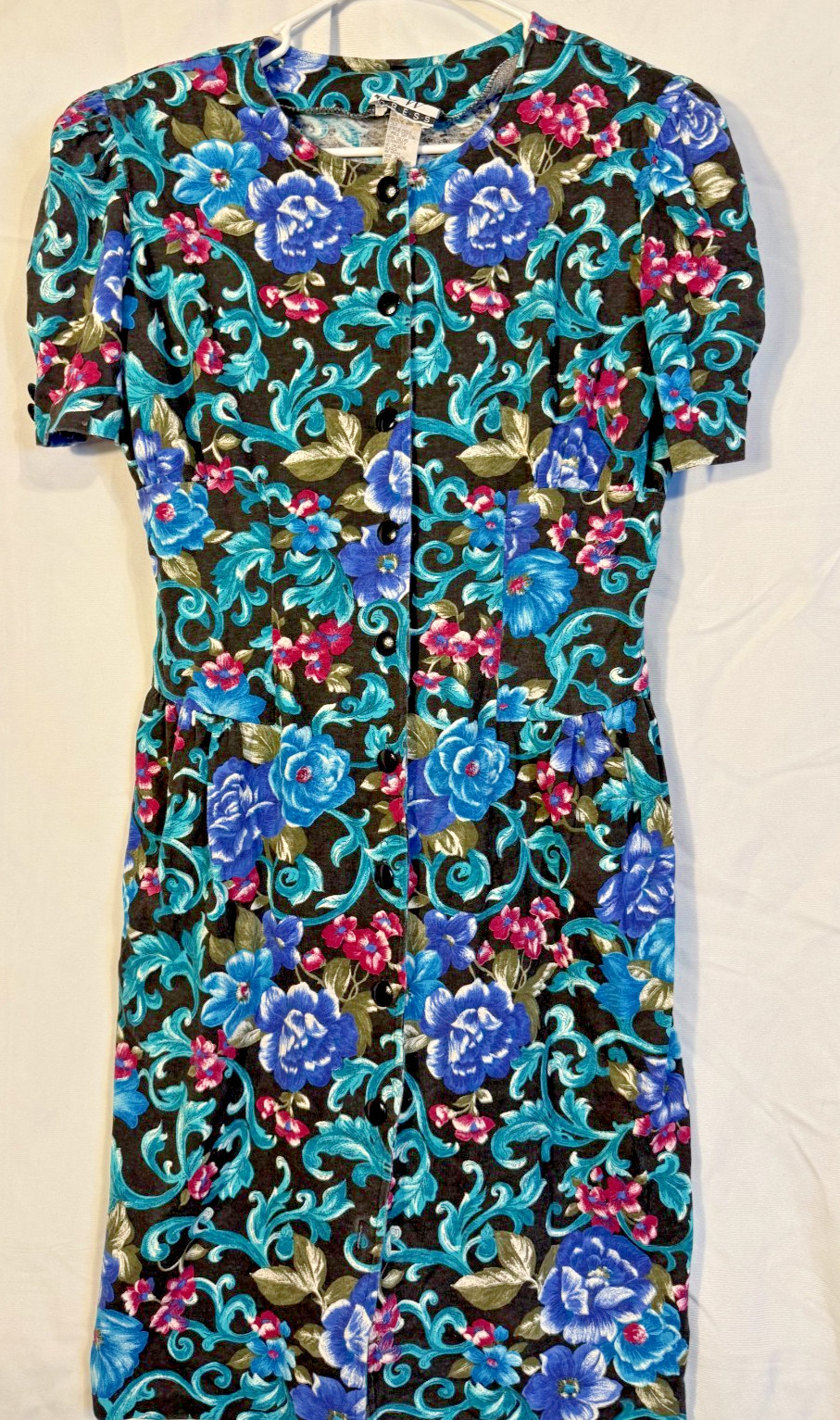 Vintage 80s Floral Dress Shoulder Pads Blue Women’s 11/12 Large Grannycore Boho