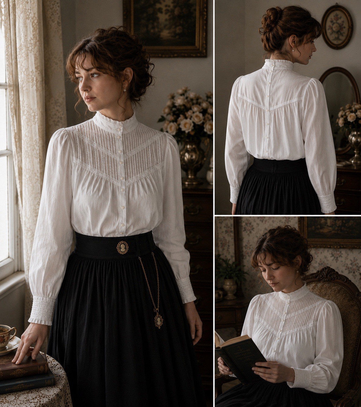 Vintage 80s Laura Ashley White Ruffle Blouse Womens Sz 10 Crochet Lace High Neck