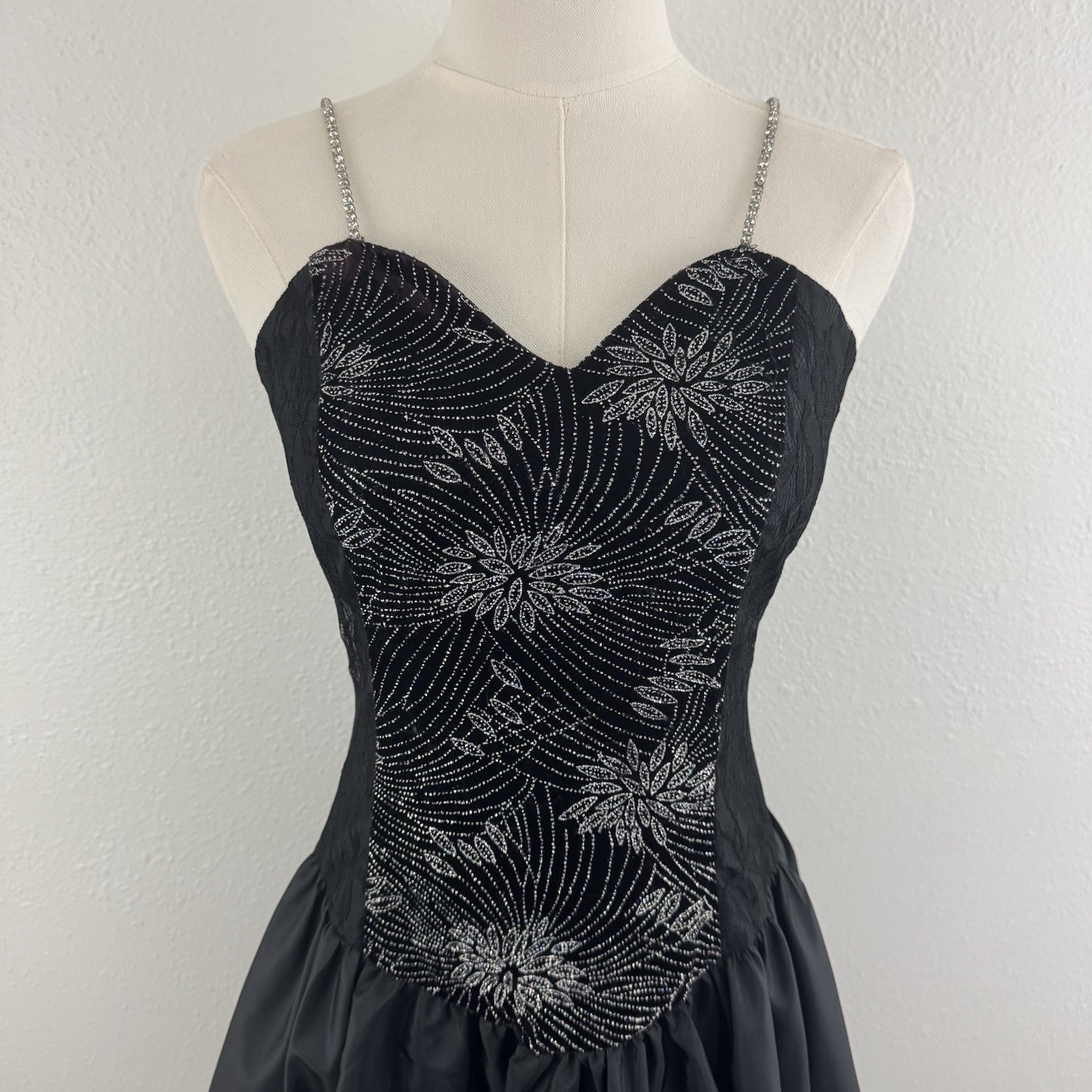 Vintage 90s Black Velvet Silver Floral Glitter Formal Homecoming Mini Dress