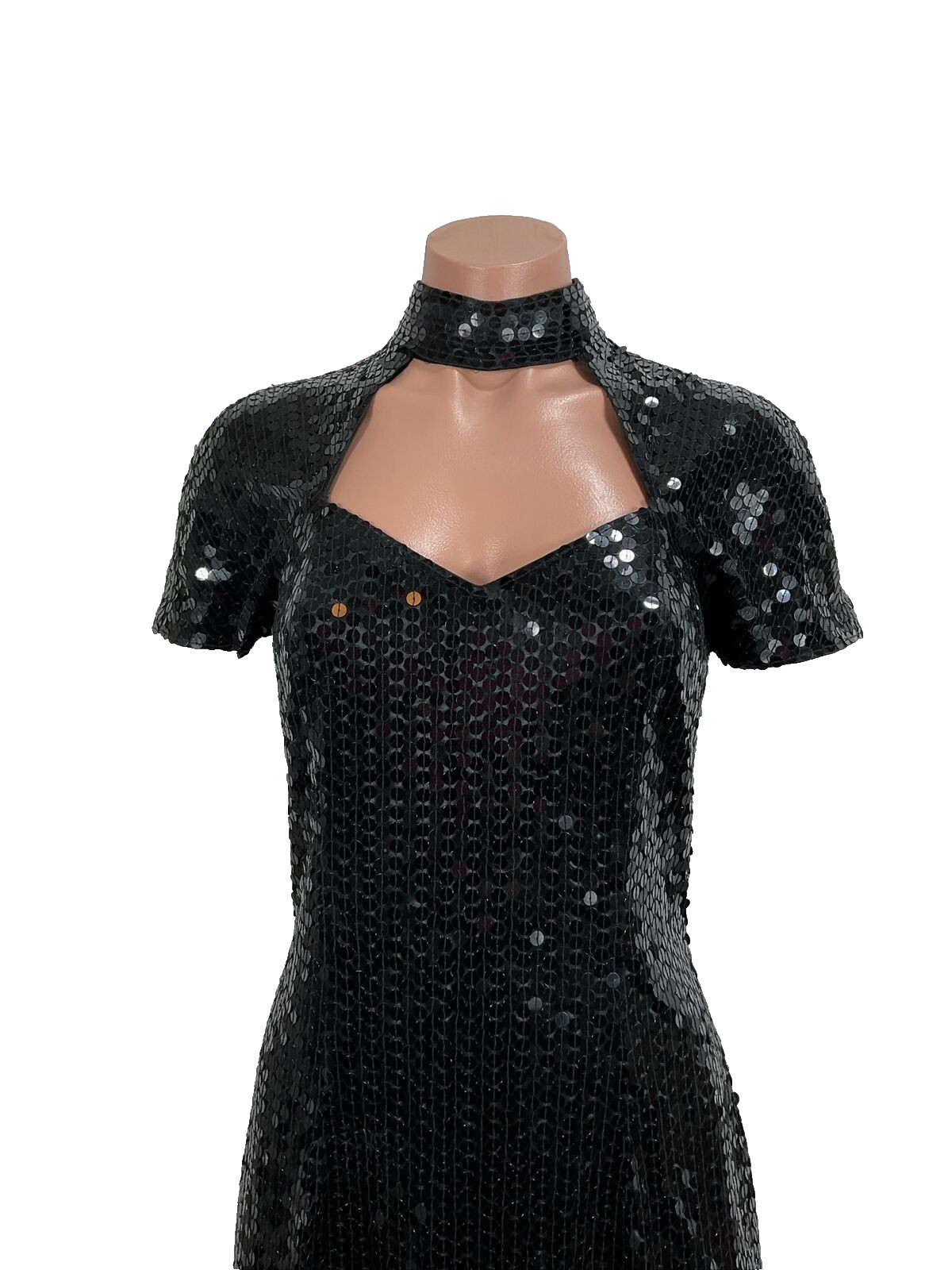 Vtg Nite Line Della Roufogali Sequin Caged Neck Mini Cocktail Dress Formal 6 90s