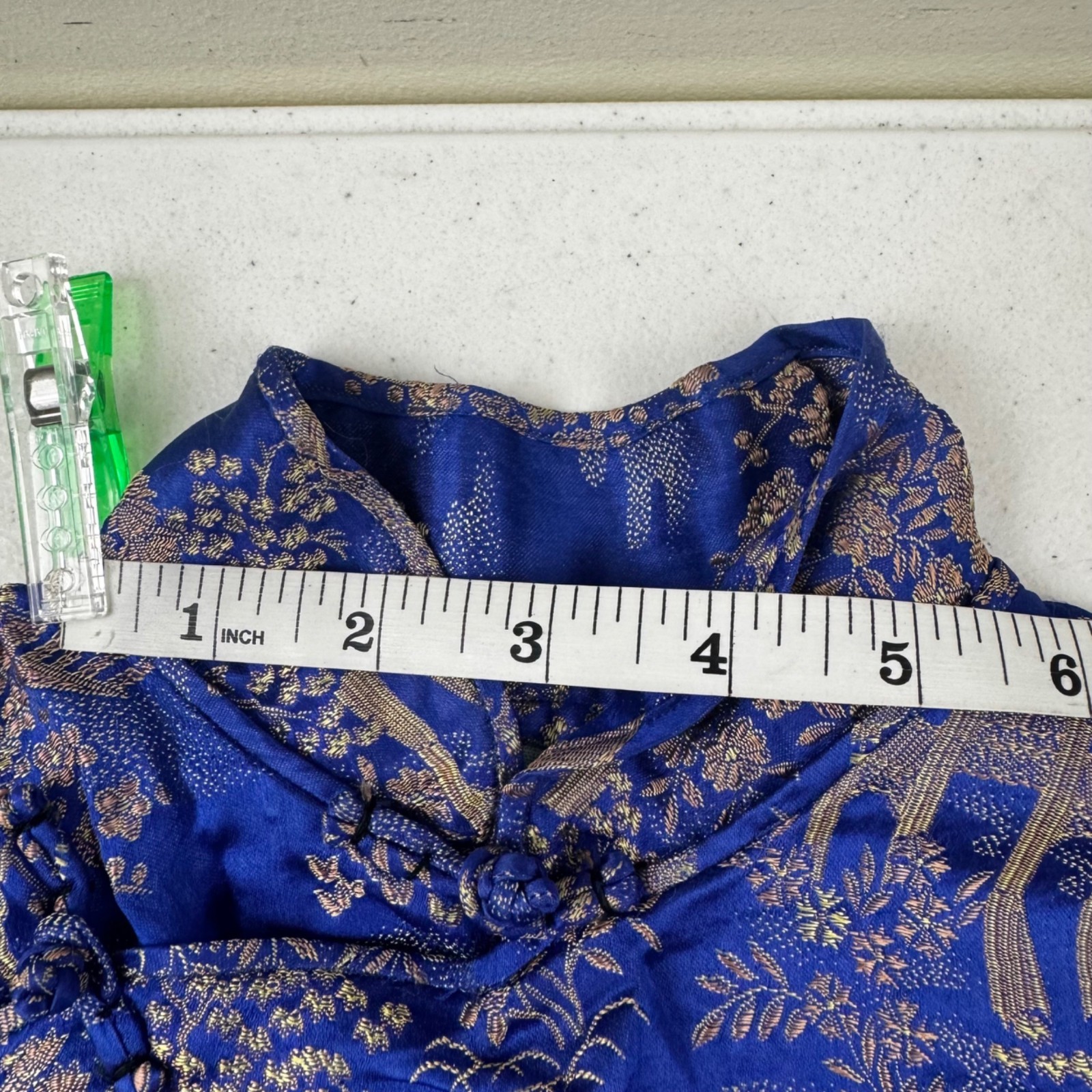 Vintage Blue & Gold Asian Brocade Cheongsam Dress With High Collar & Side Button