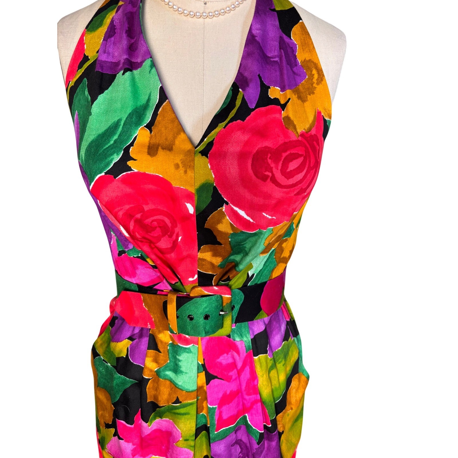 Floral Print Unbranded Halter Sheath Belted Pockets Midi Dress 6 Multi Vintage