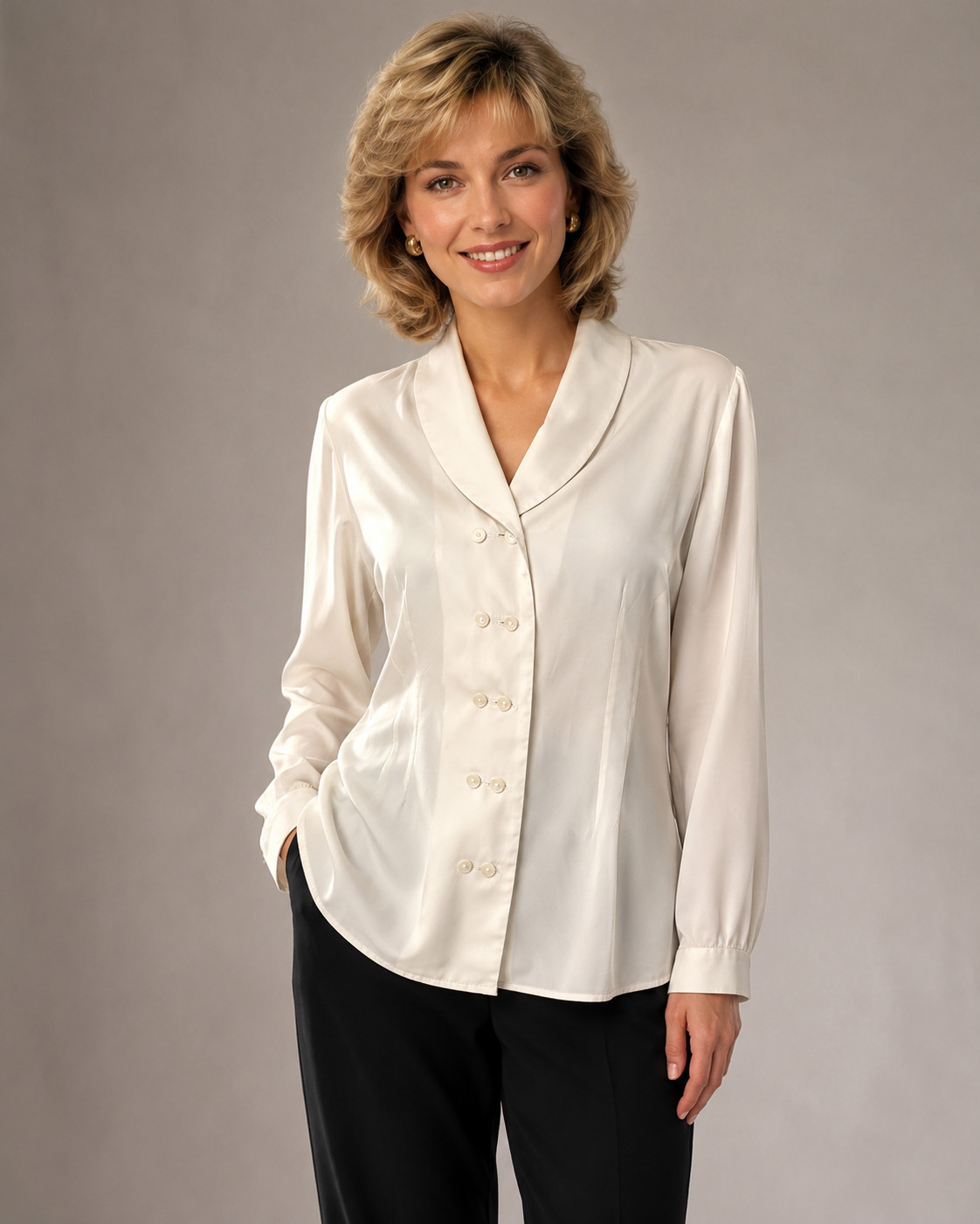 Vintage Alexon Ivory Satin Blouse UK 10 Euro 36 Pearl Buttons 1980s 1990s