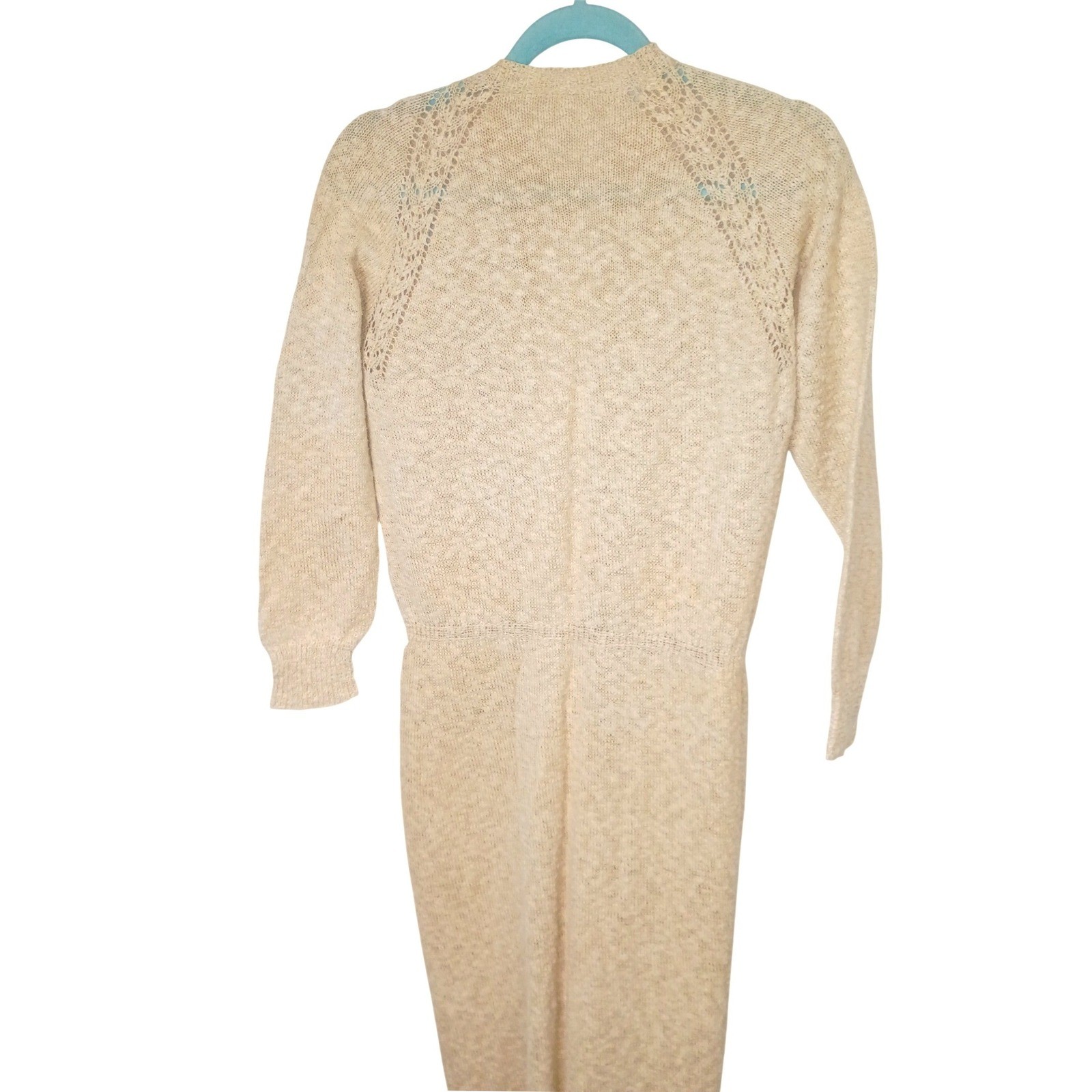 Vintage Handmade Pointelle Knit Cardigan Dress Oatmeal Beige Longline Midi XL