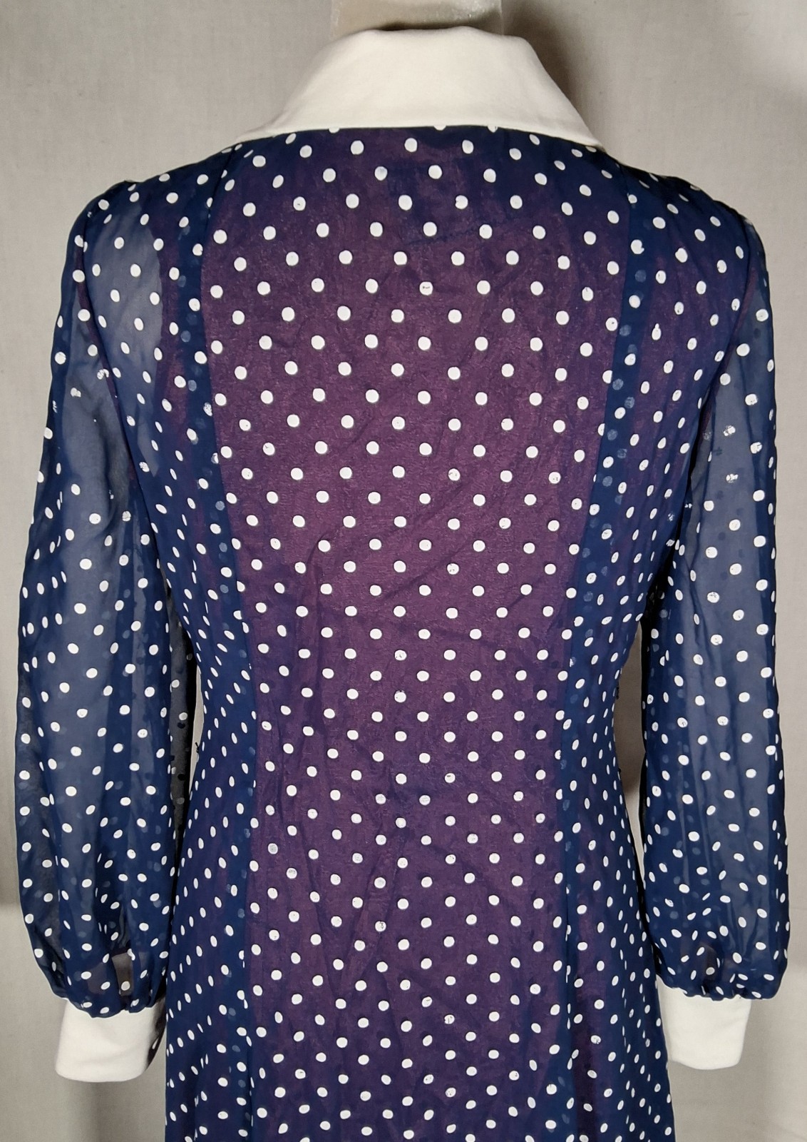 Vtg 70s Blue And White Polka Dots Chifon Long Maxi Dress Korean Tailor Shop Sz S