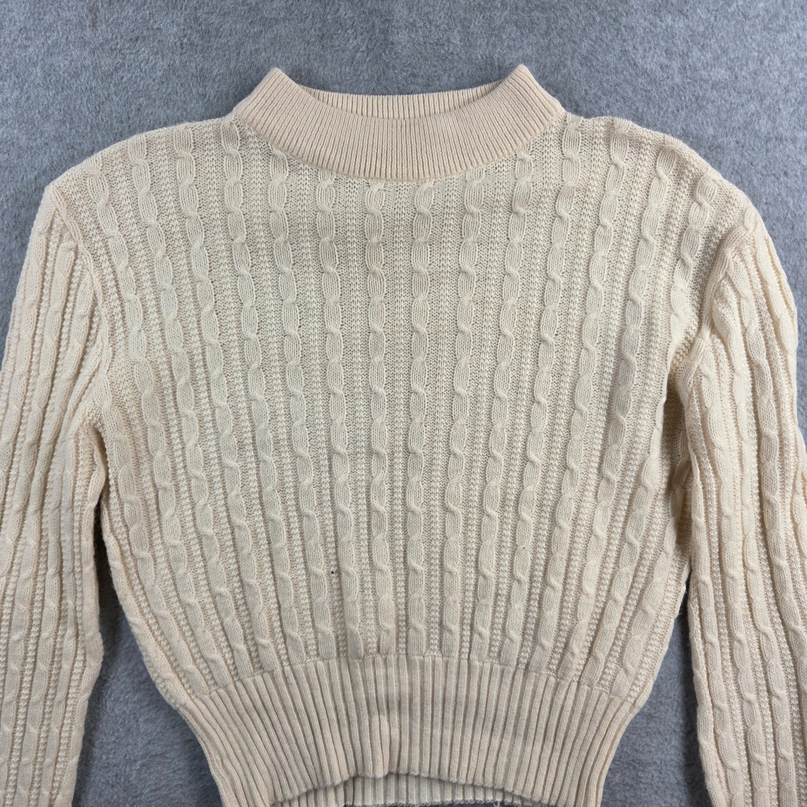 Alane Cable Knit Sweater Womens Medium Cream Vintage Vicara Nylon Mock Neck