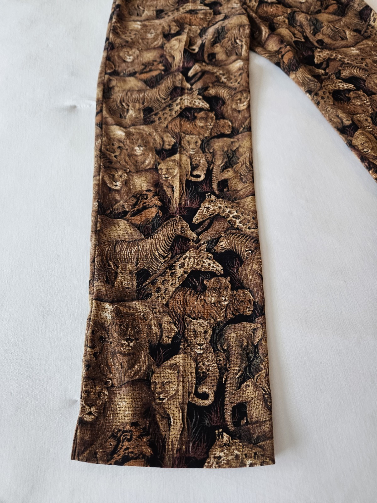Vtg Sharon Young Animal Print Zebra Lion Giraffe Brown Corduroy-ish Pants 8