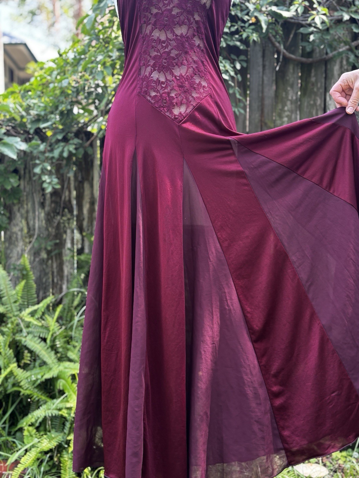 Women’s Burgundy Slip Nightgown with Lace Bodice and Crisscross Back Straps