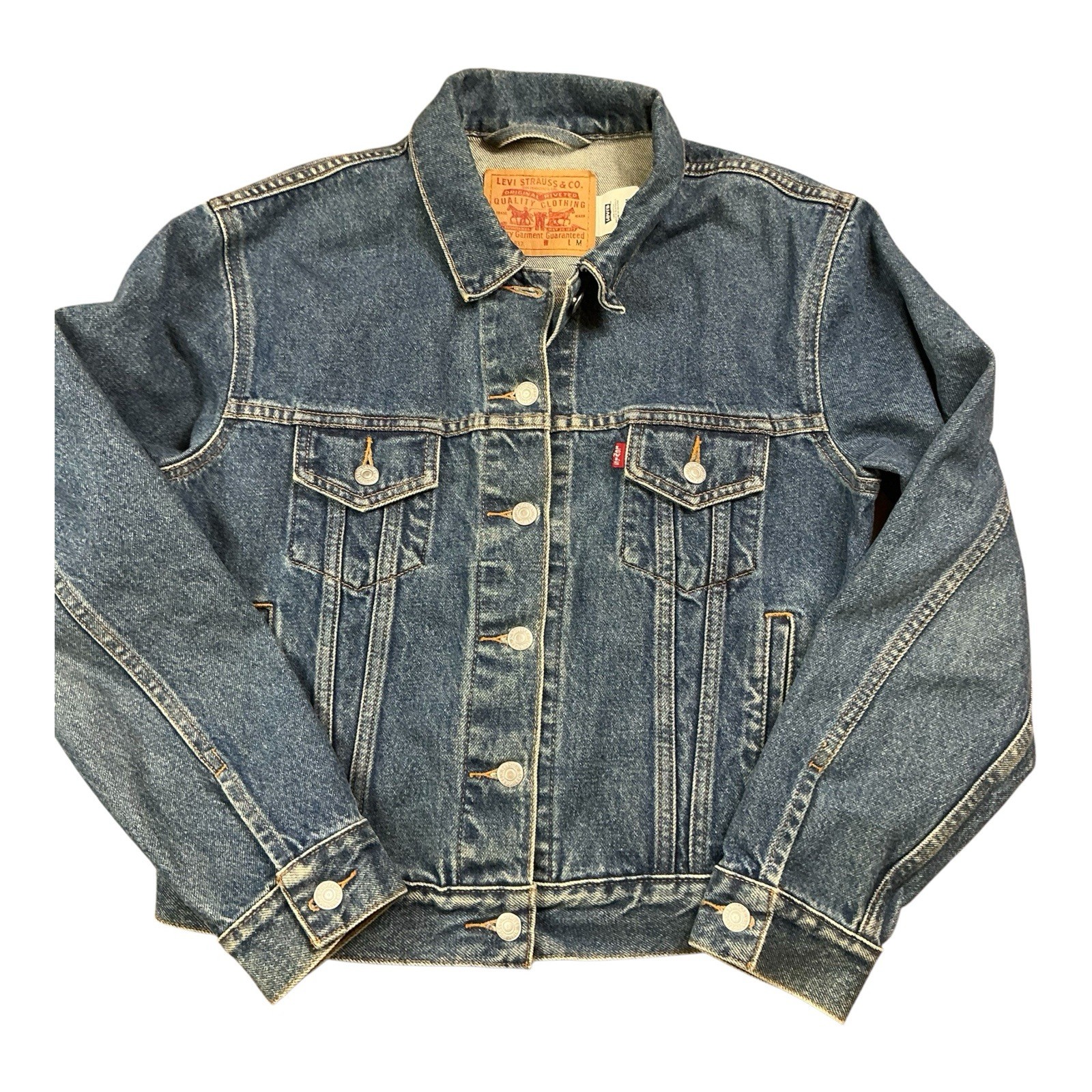 Vintage Levi’s type 3 style medium wash red tab denim trucker jacket SZ S/M