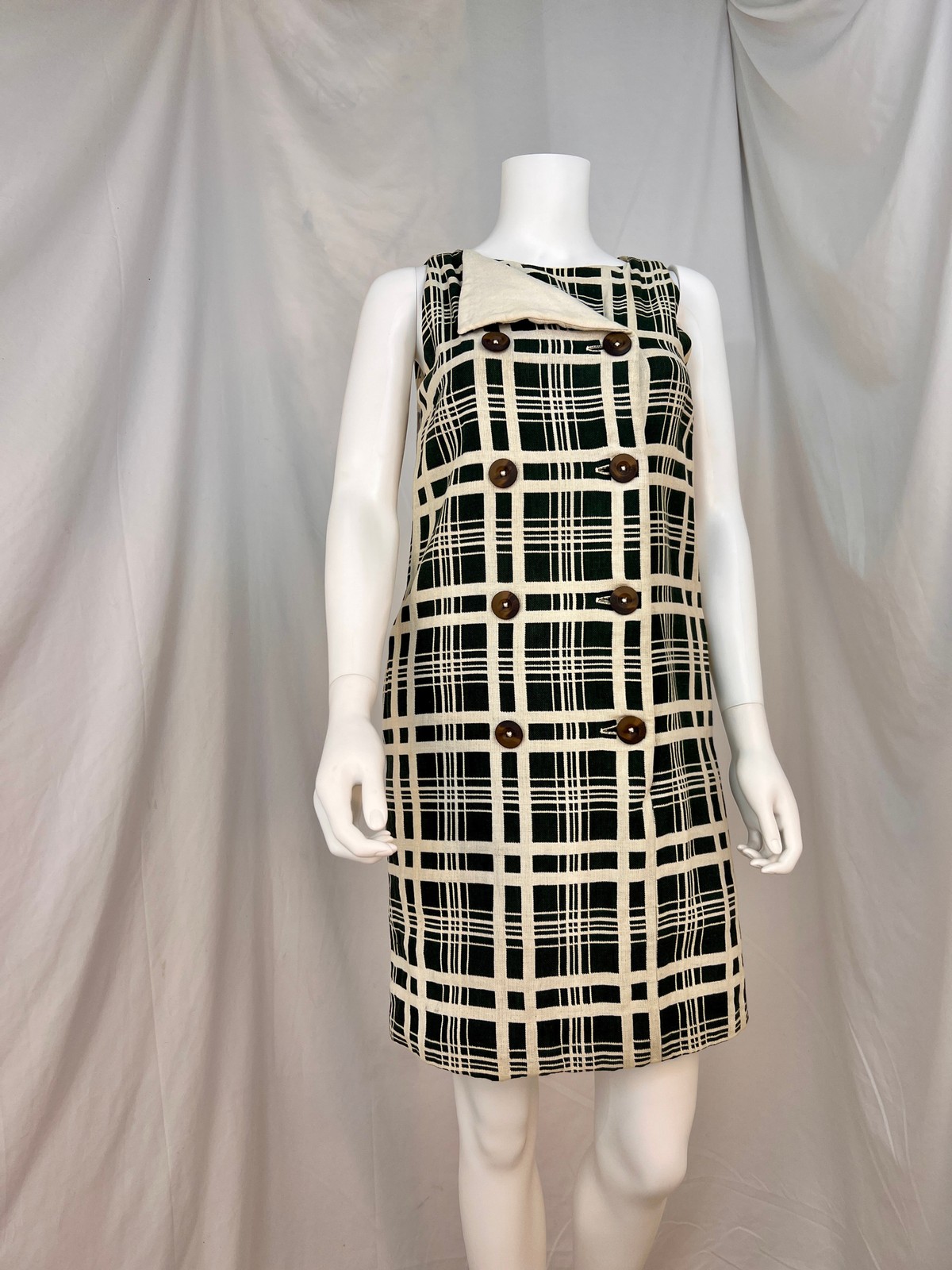 Vintage 60s Mod Style Forest Green and Cream Windowpane Plaid Shift Dress, S/M