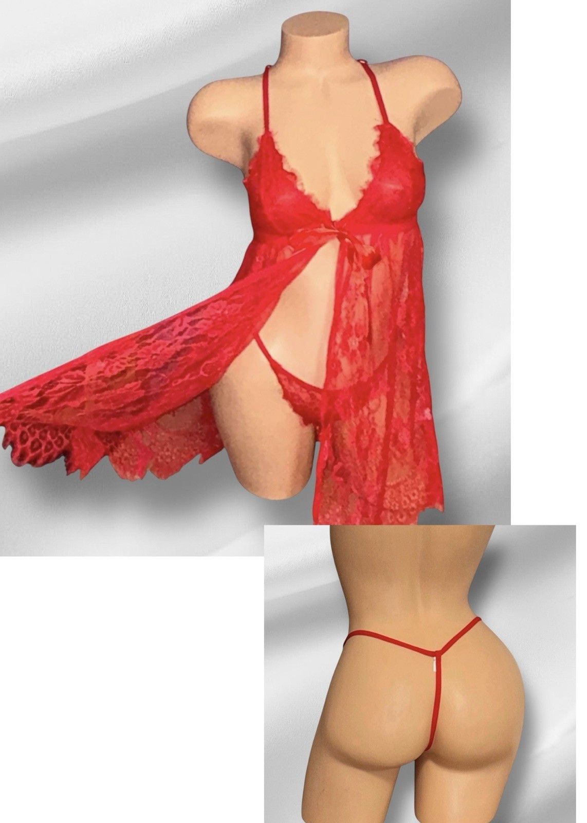 2PC AVIDLOVE Red Shiny Sheer Lace Peek A Boo Front Closure Nightie & Panties S