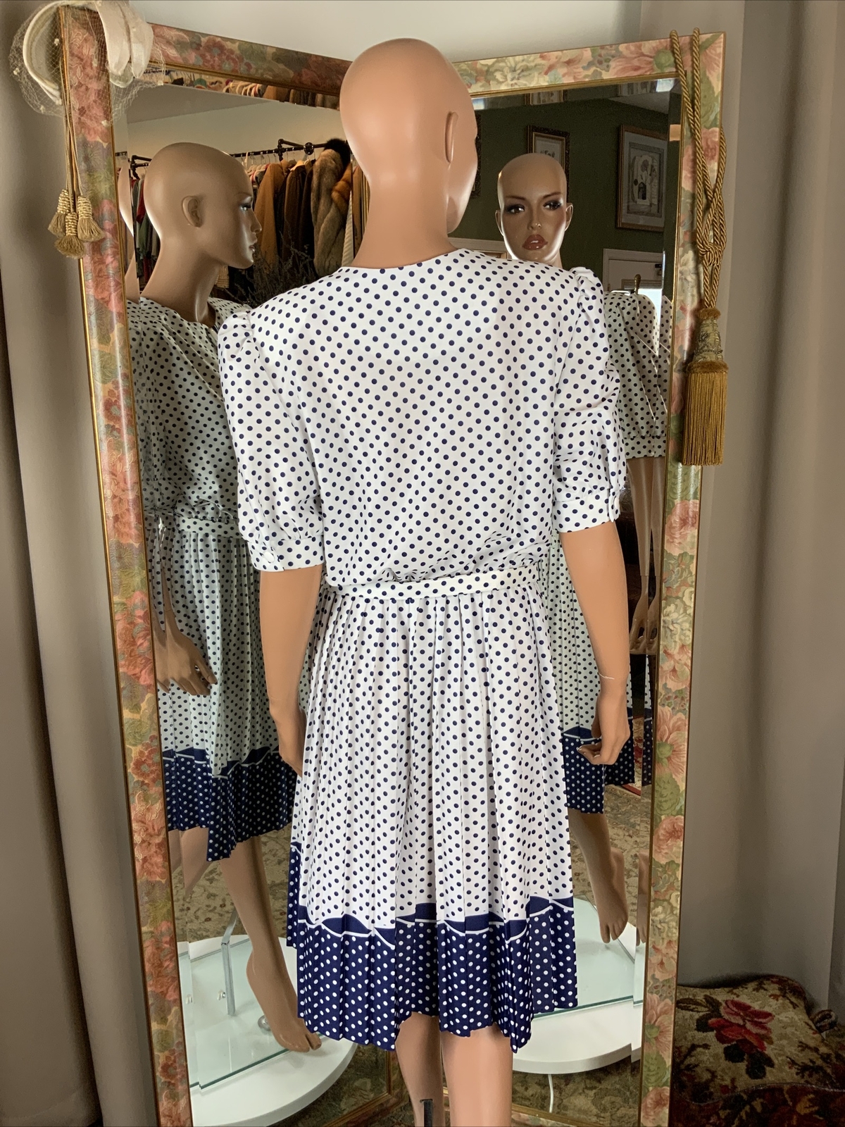 Vtg 80s Whirlaway Frocks Blue & White Polka Dot Belted Dress Sz 16P Bust 40