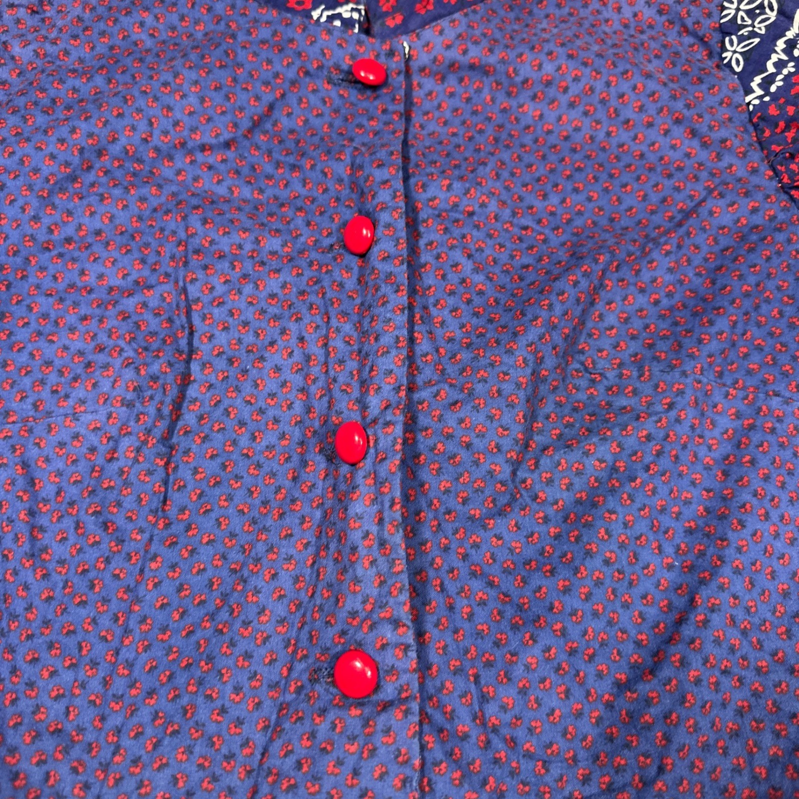 Vintage 70s Patchwork Bandana Prairie Dress Navy Red Button Down Modest Juniors