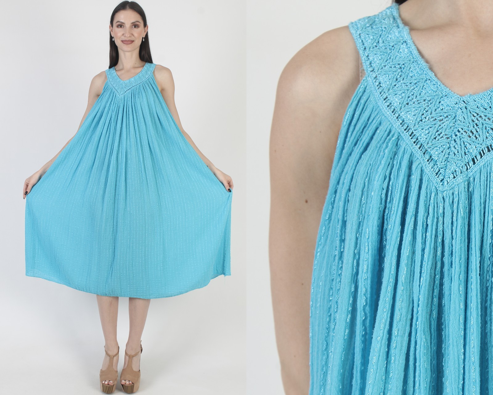 Vtg Turquoise Gauze Dress Cover Up Crochet Mexican Beach Kaftan Ethnic Sundress