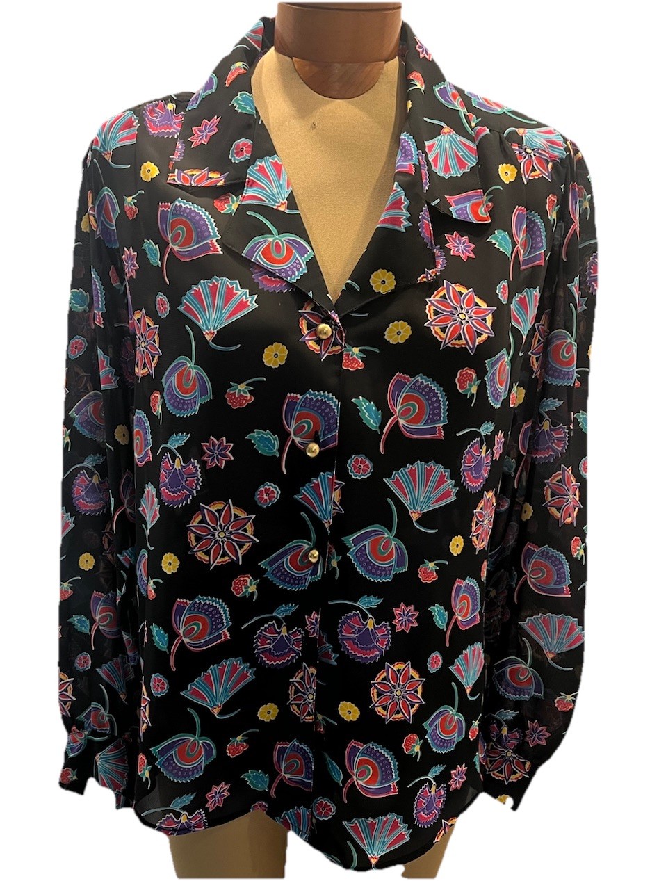 Vintage Leslie Fay Blouse Womens 12 Black Floral Art Deco Gold Button Shirt 80s