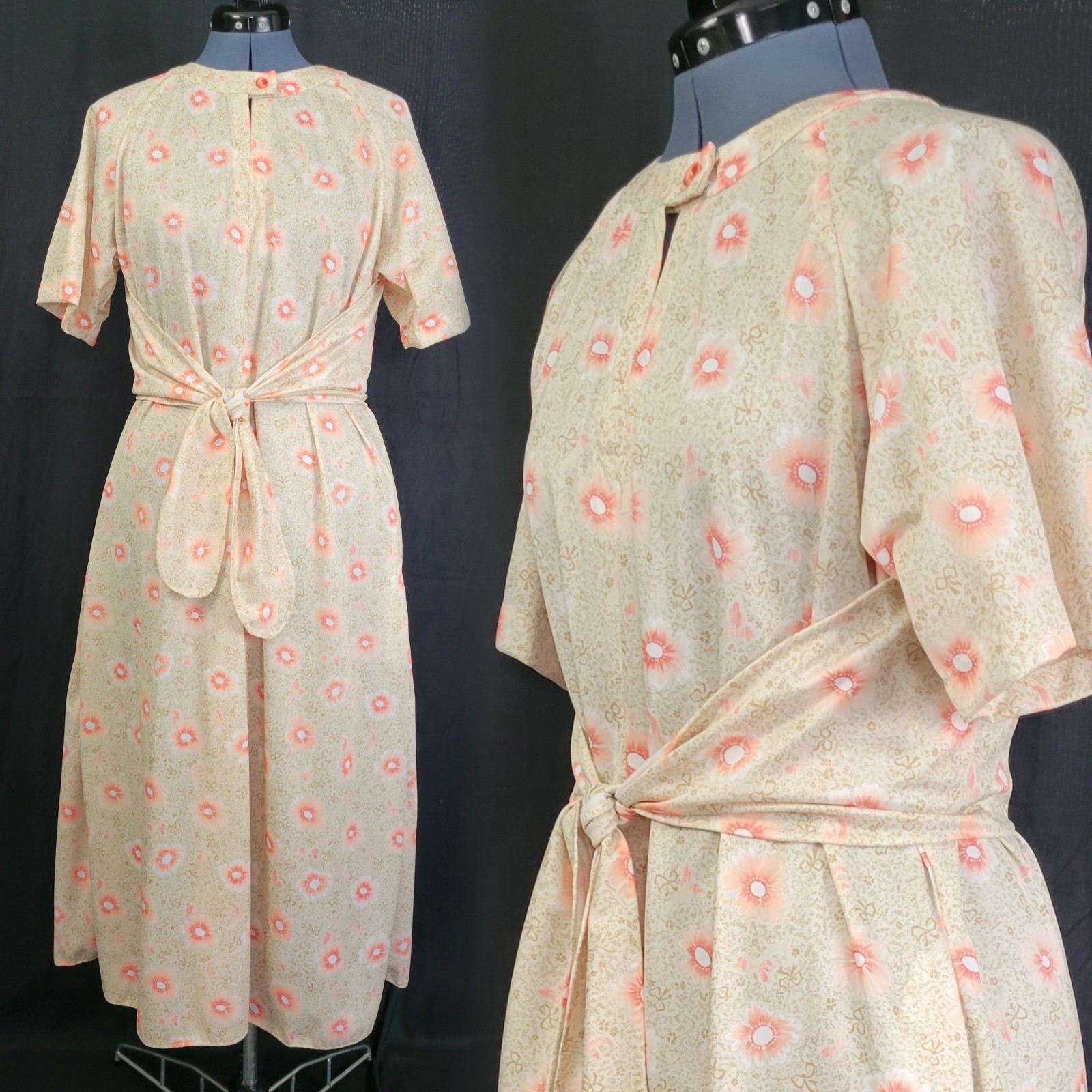 Vintage Cream/Gold/Coral Floral Dress w Wrap Around Overblouse Size XL?