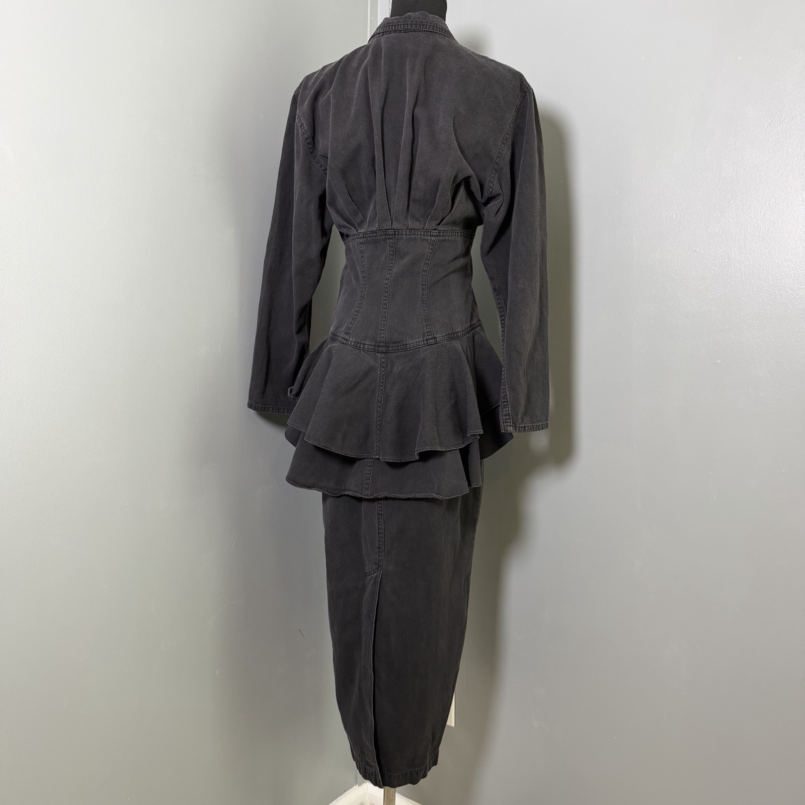 Vtg Rhonda Harness Foxy Lady Black Denim Corset Maxi Dress Goth Avant Garde 90s