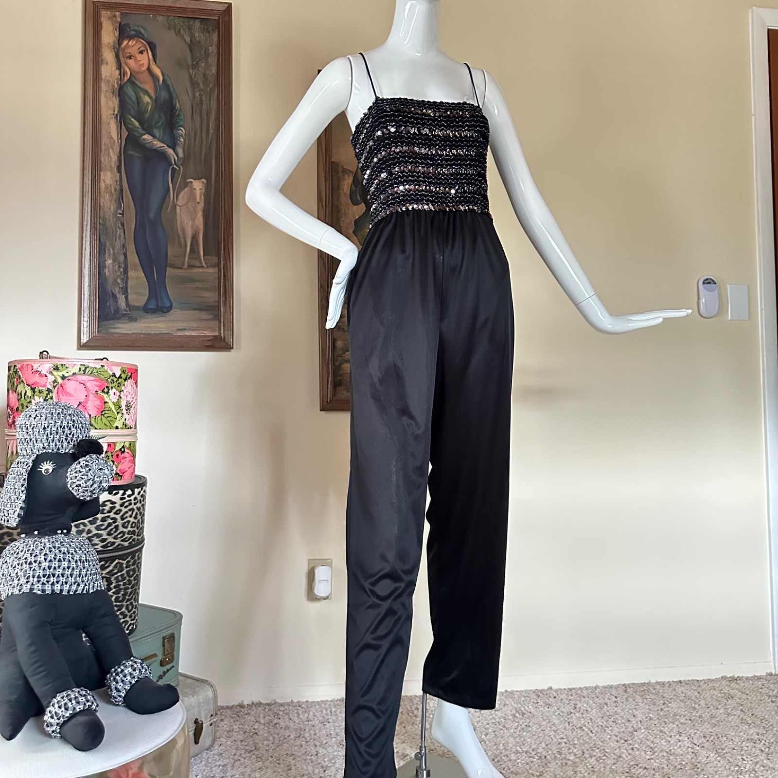 Vintage 70s Studio 54 Disco Mob Wife Tube Top Jumpsuit Black & Silver Lurex M/L