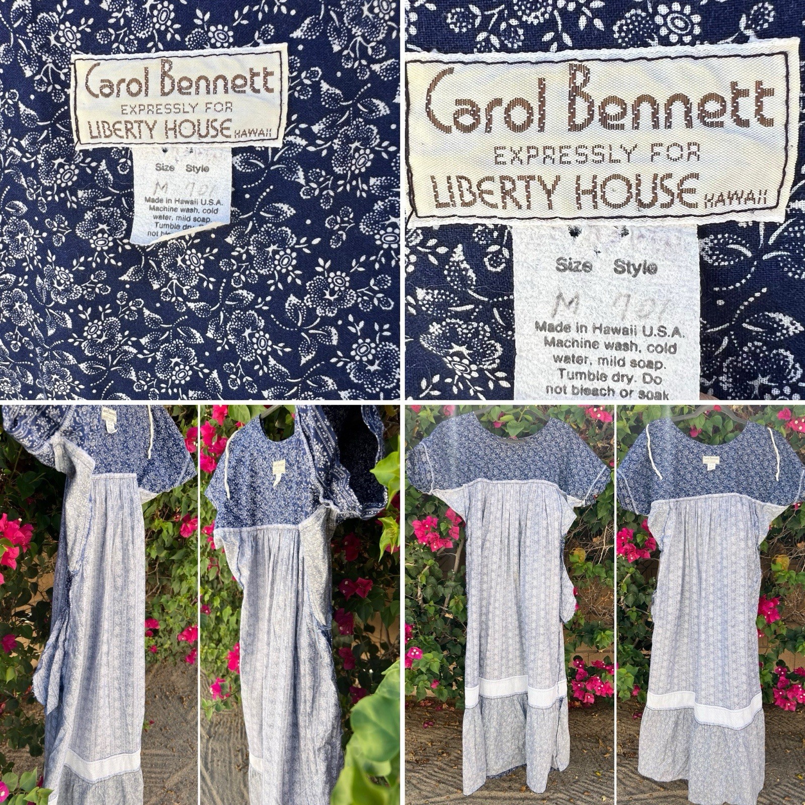 Carol Bennett Liberty House Hawaii Dress M Blue Floral Prairie Muu Muu Vintage