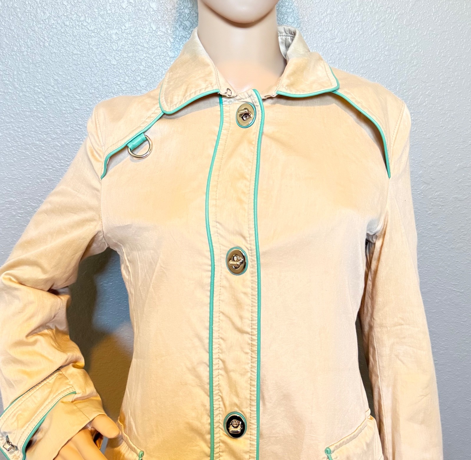 Vintage Coach Trench Coat with Teal Leather Trim and Polka Dot Lining Size 4