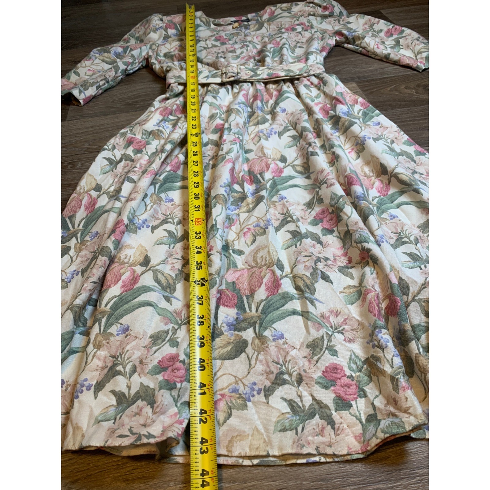 Jenny Petites Vintage Floral Midi Dress Pink Rose Belted 80s Made in USA Size 16