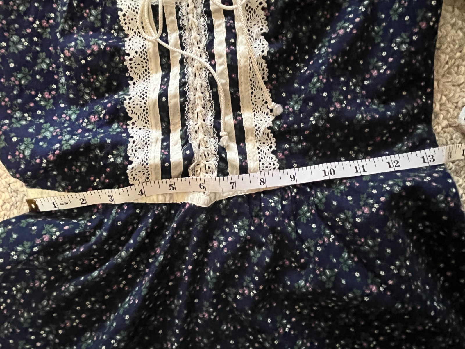 Gunne Sax 1970s Blue Prairie Dress Lace Trim Long Sleeve Vintage