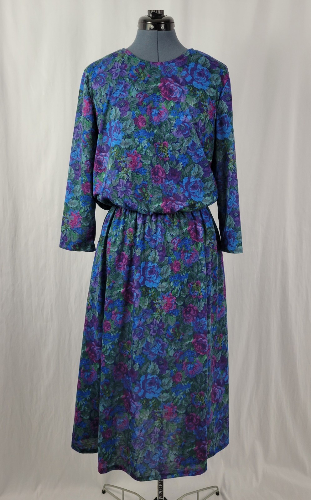 Vintage Sue Sherry Green/Purple/Blue/Magenta Floral Blouson Dress Size 16