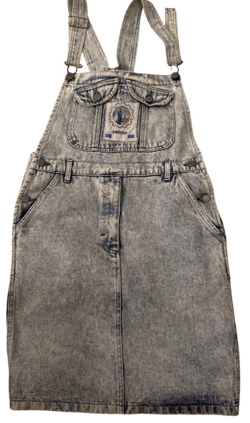 Vintage Knock-Out Italy Denim Overall Dress L Acid Wash 80s Workwear Pinafore