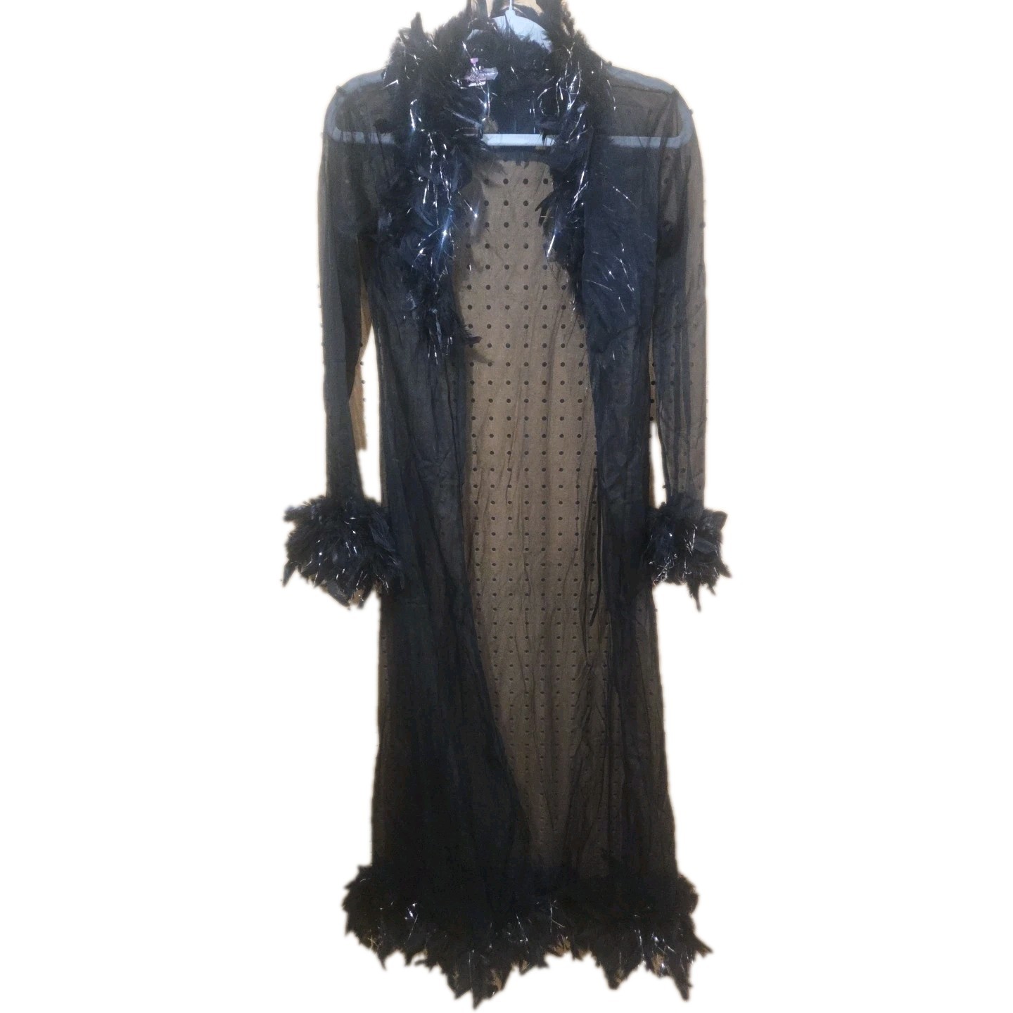 Vintage Y2k Elegant Moments Long Sheer Robe With Feathers + Matching Thong